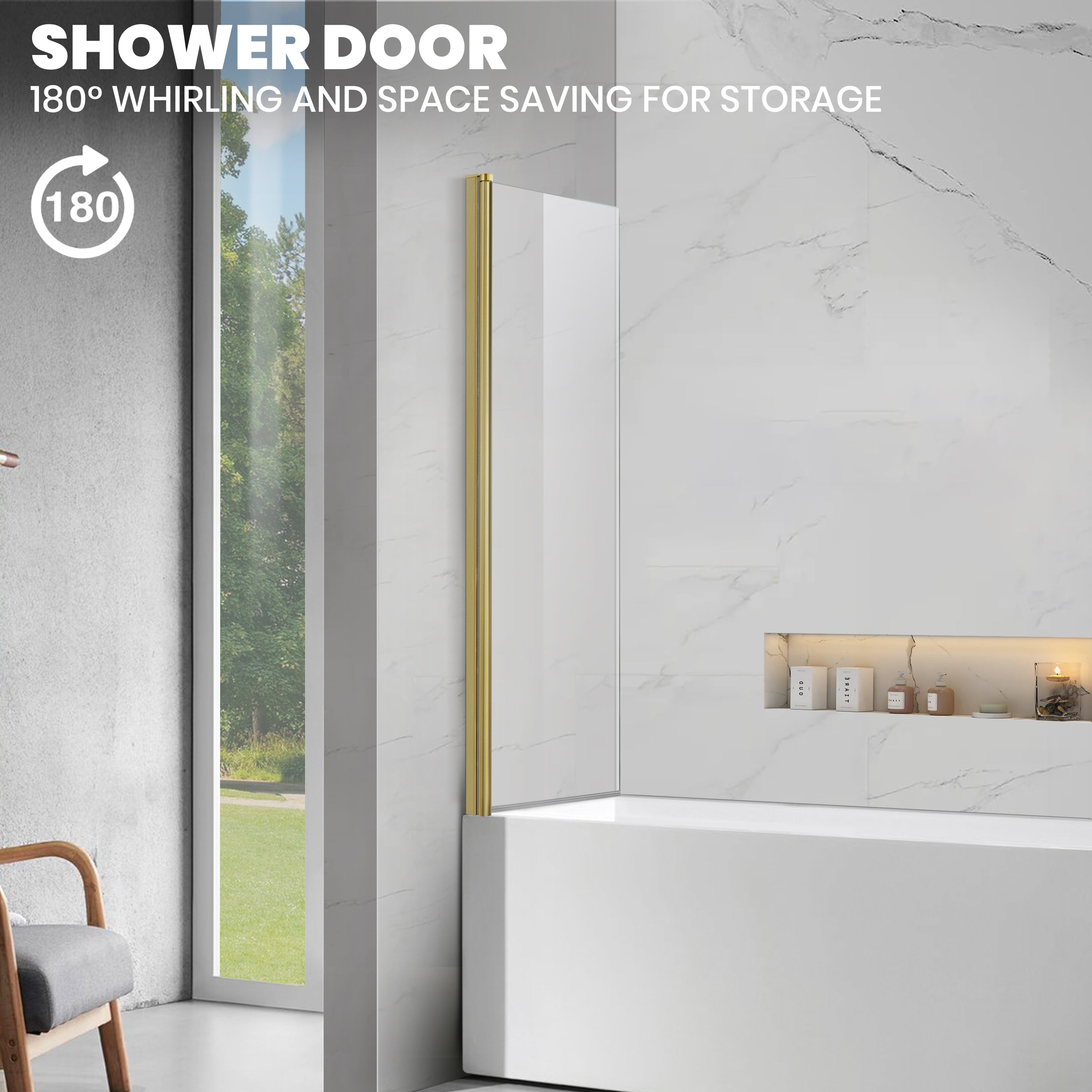 30" W x 55" H Frameless Pivot Bathtub Screen Serene B24 #Color_Brushed Gold