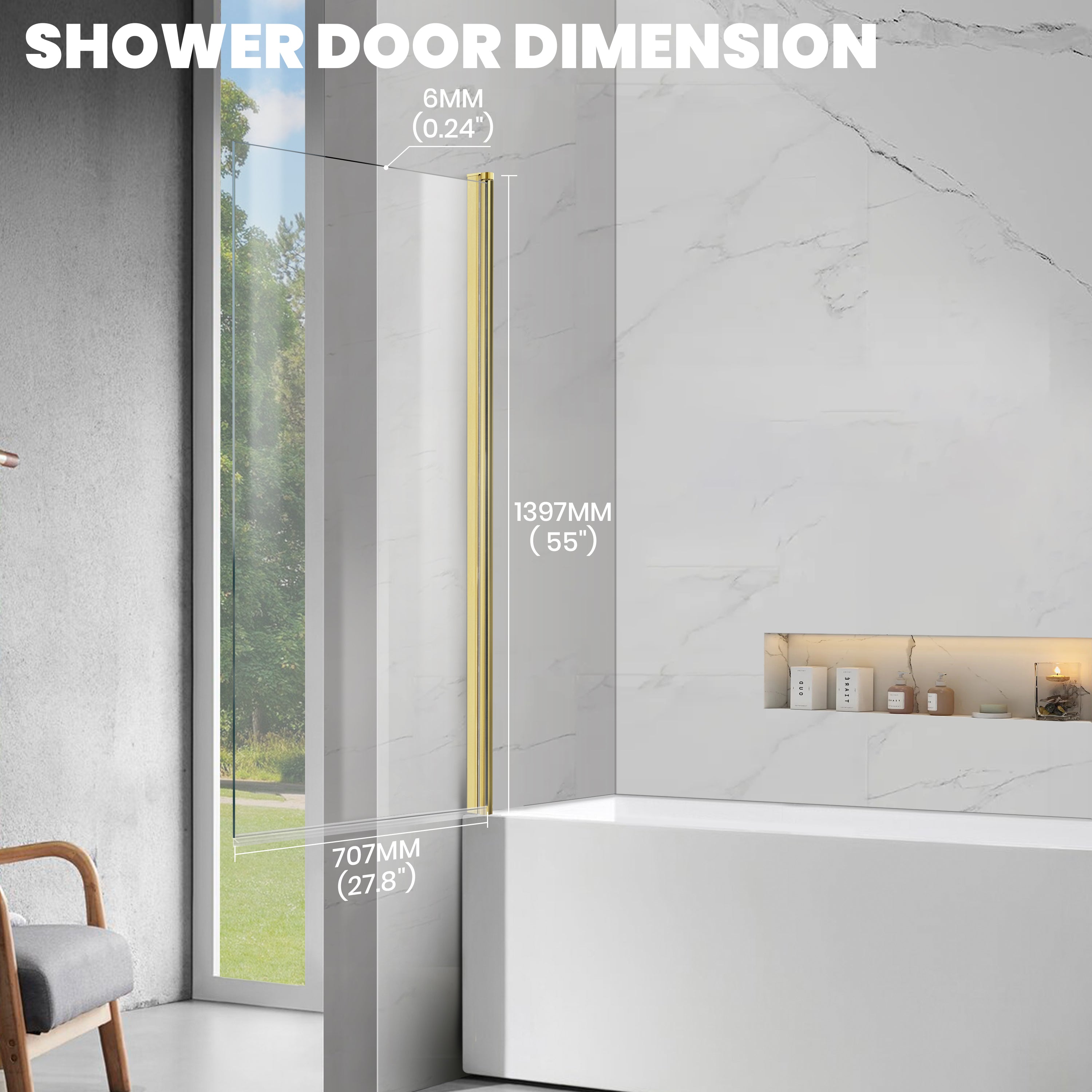 30" W x 55" H Frameless Pivot Bathtub Screen Serene B24 #Color_Brushed Gold