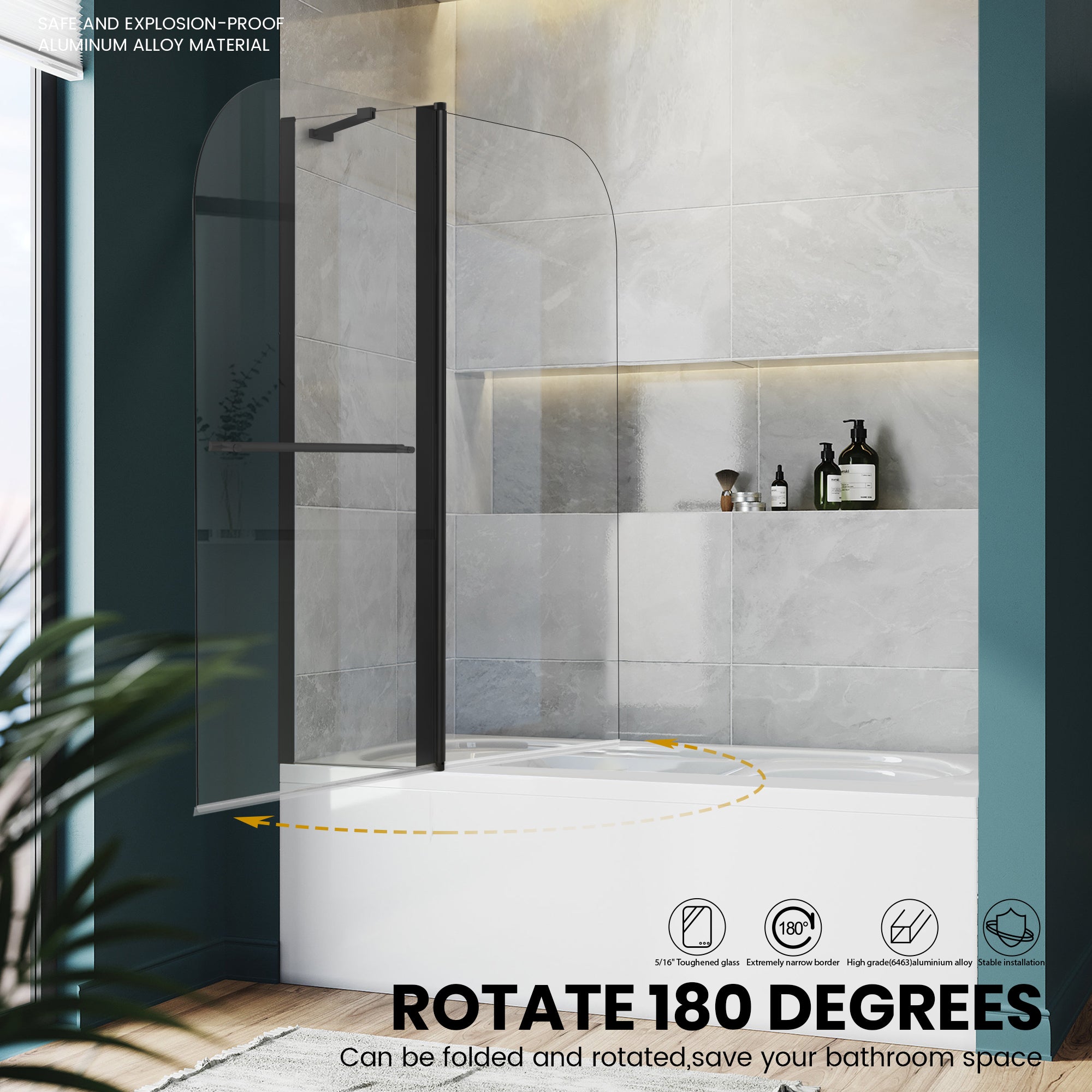 43" W x 58" H Frameless Pivot Foldable Bathtub Door Misty J5 #Color_Matte Black