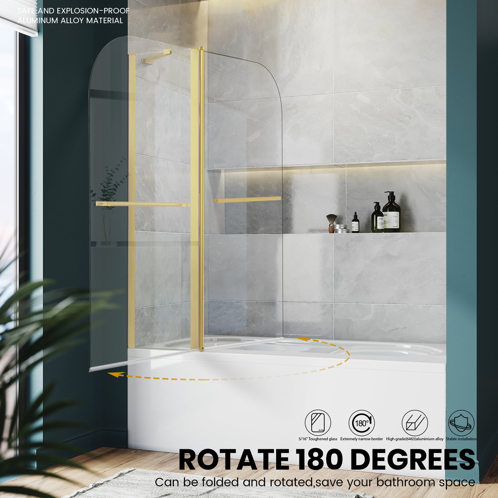 43" W x 58" H Frameless Pivot Foldable Bathtub Door Misty J6 #Color_Brushed Gold