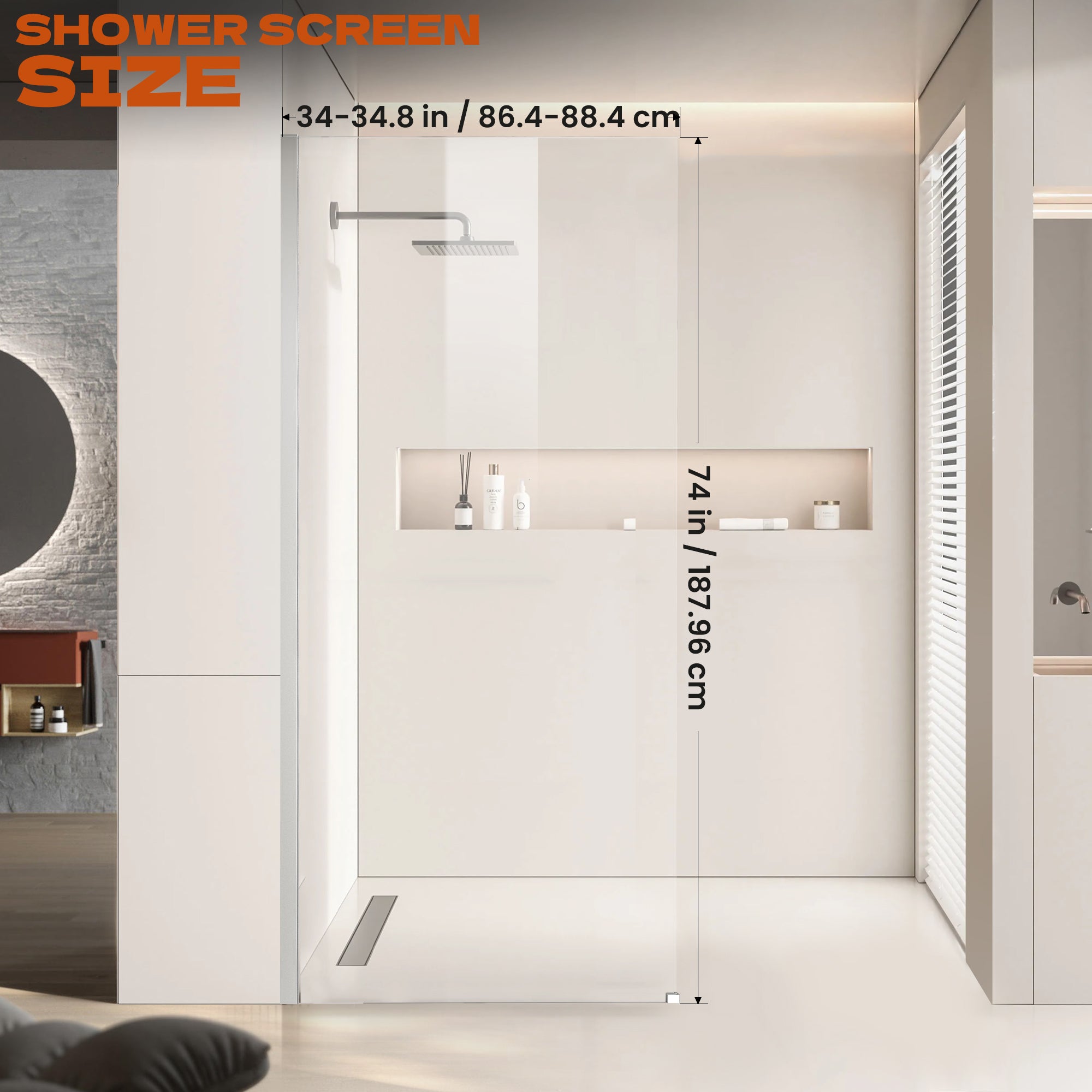 34" x 74" Walk-in Frameless Shower Screen-AB17 #Color_Chrome
