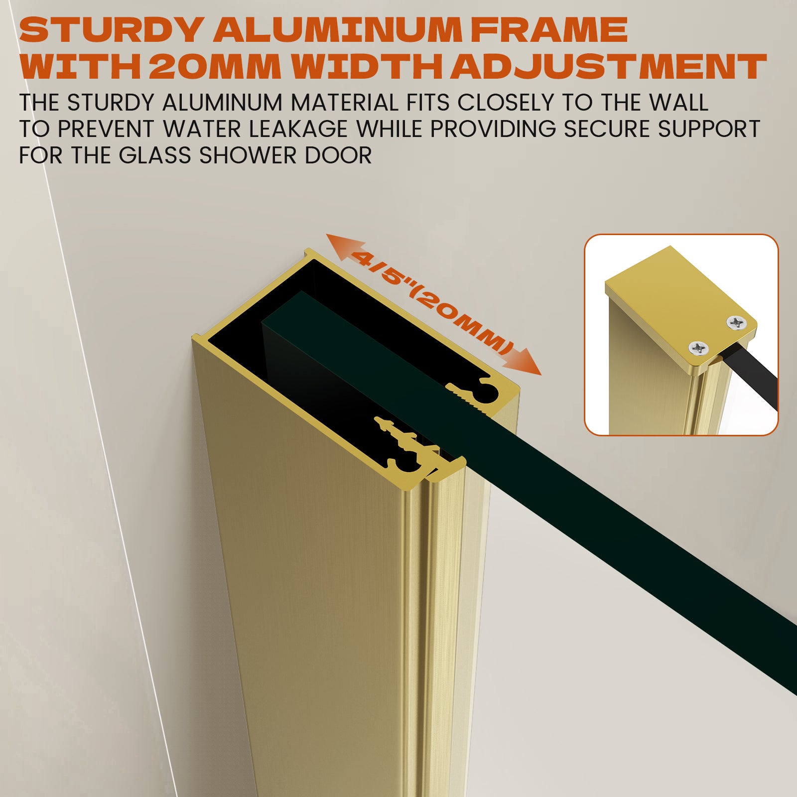 34" x 74" Walk-in Frameless Shower Screen-AB18 #Color_Brushed Gold