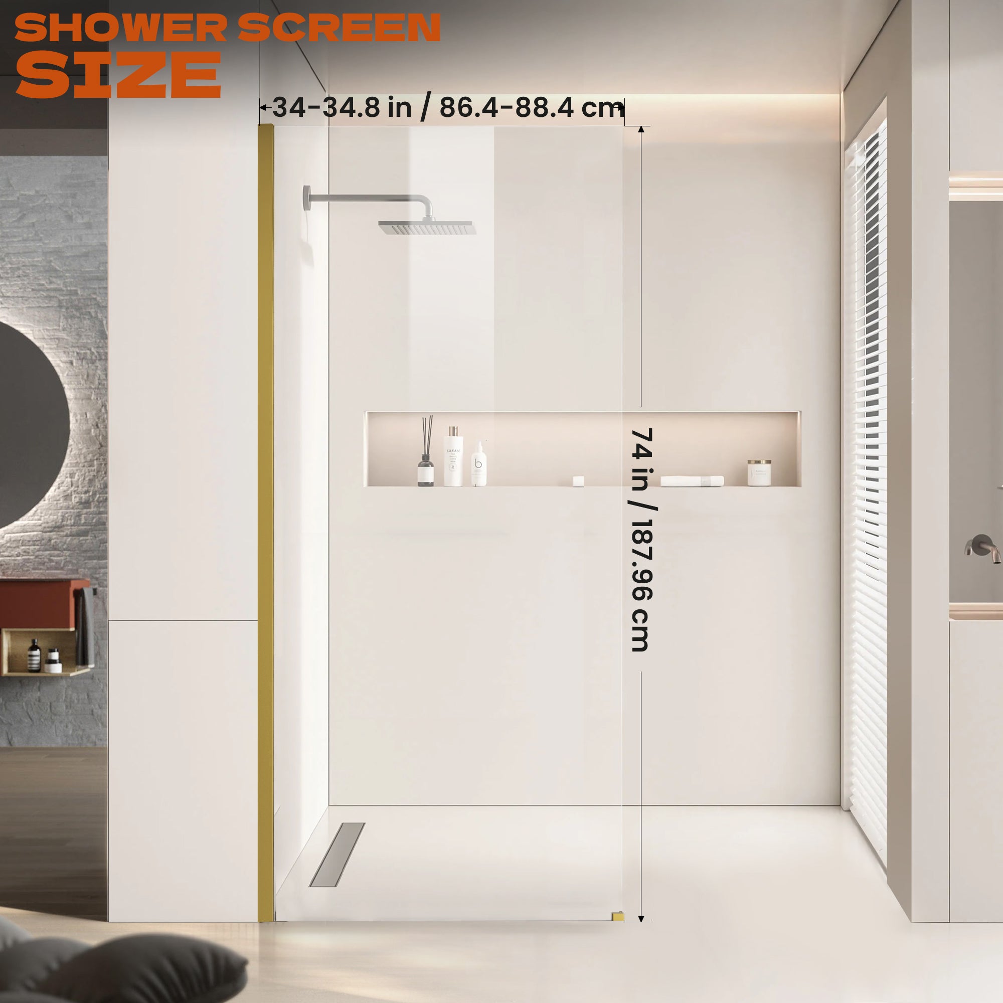 34" x 74" Walk-in Frameless Shower Screen-AB18 #Color_Brushed Gold