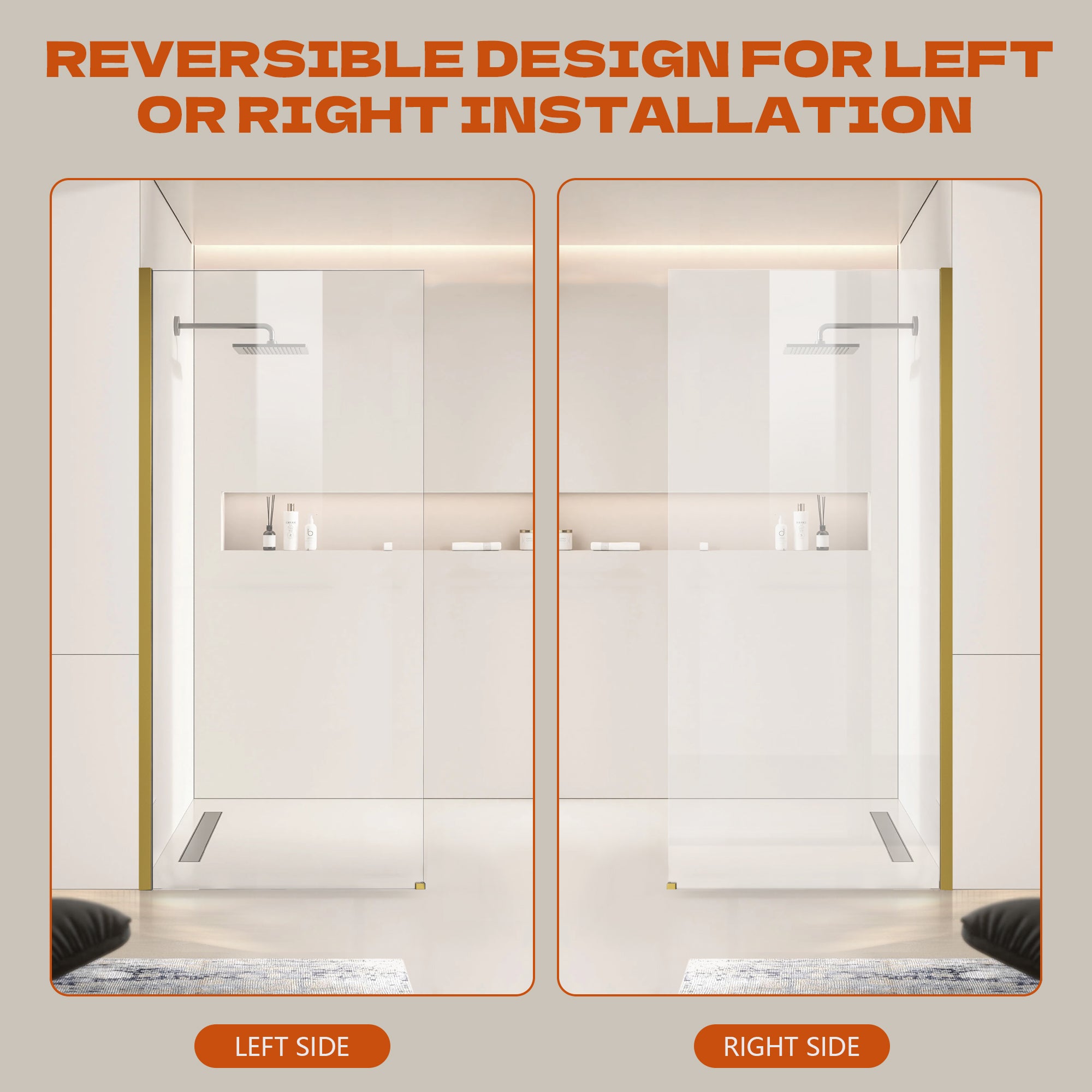 34" x 74" Walk-in Frameless Shower Screen-AB18 #Color_Brushed Gold
