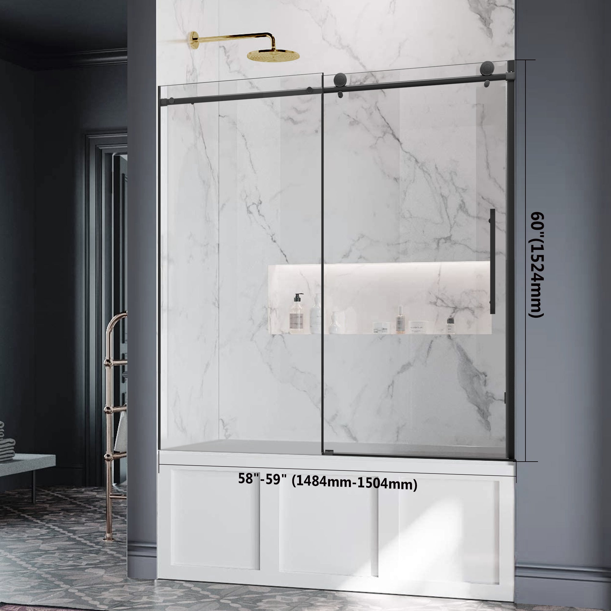 56"-60" W x 60" H Frameless Single Sliding Bathtub Door Roller X18 #Color_Matte Black