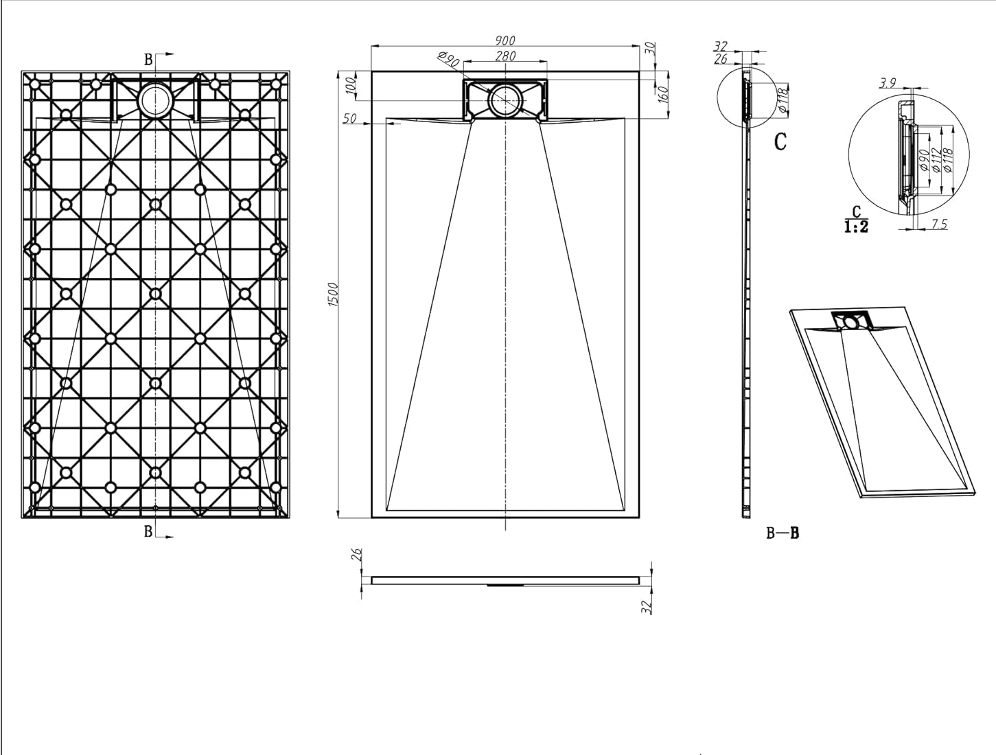 60" L x 36" W x 1" H Low-Profile Zero Threshold End Drain Shower Base #Color_White