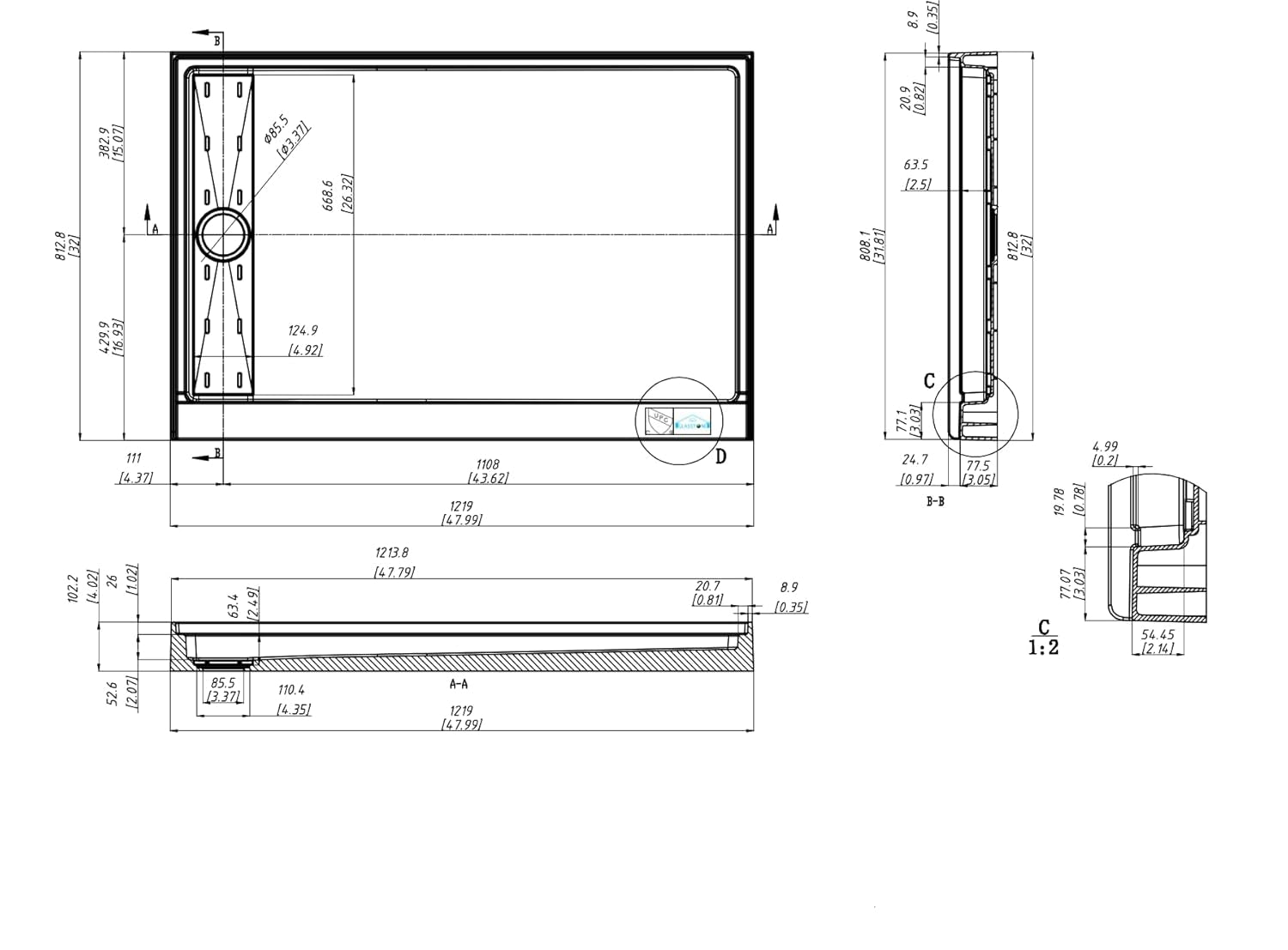 Single Threshold, Left / Right Drain Shower Pan Base #Size_48"L × 32"W × 4"H