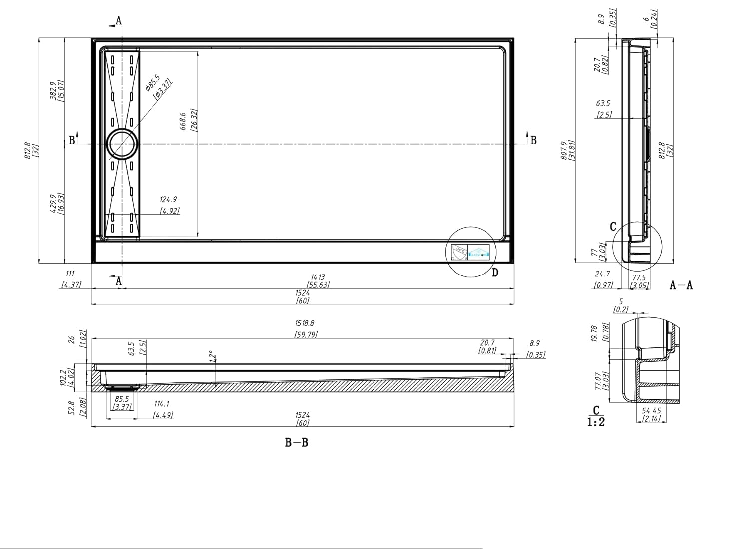 Single Threshold, Left / Right Drain Shower Pan Base #Size_60"L × 32"W × 4"H