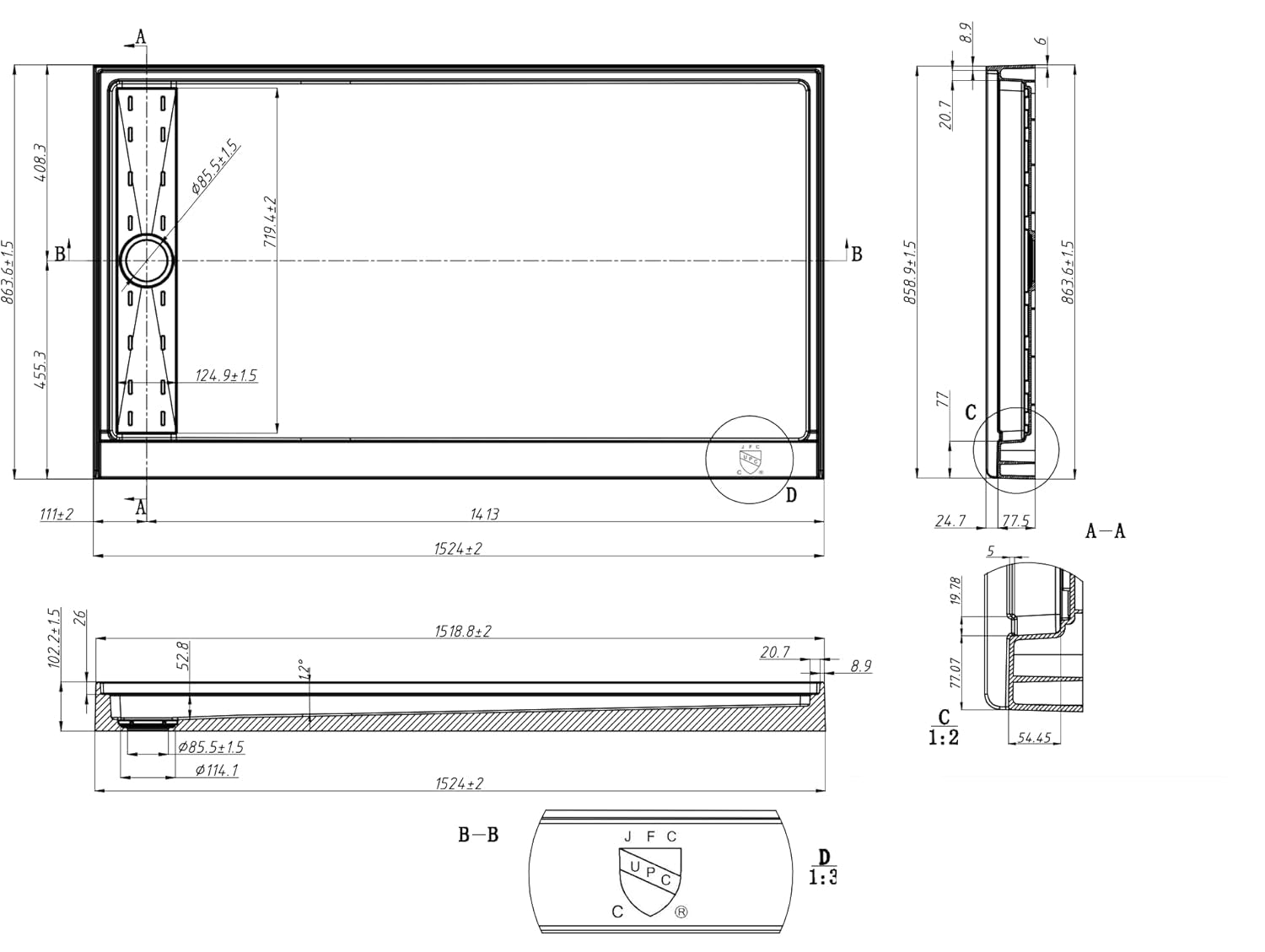 Single Threshold, Left / Right Drain Shower Pan Base #Size_60"L × 34"W × 4"H