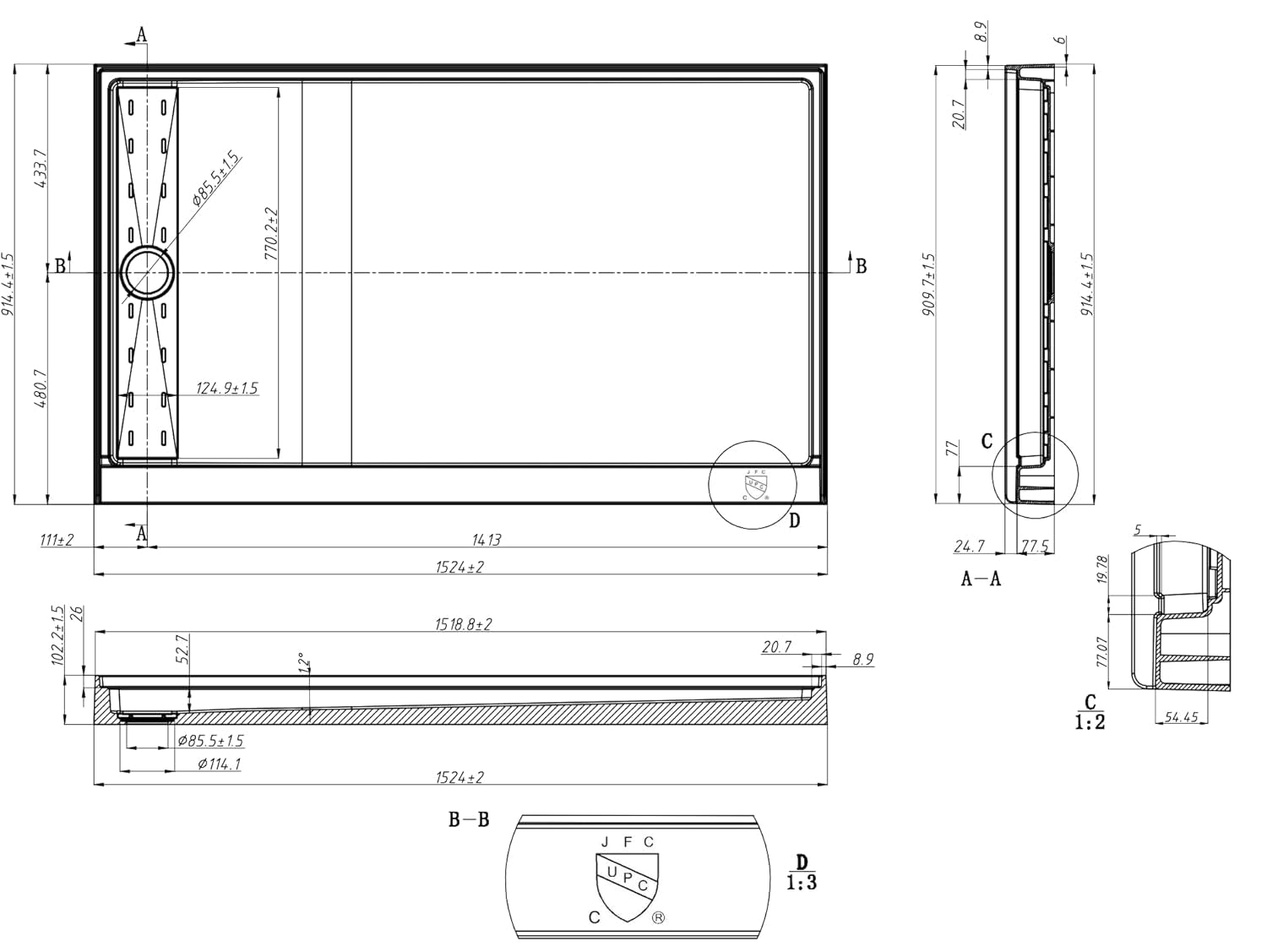 Single Threshold, Left / Right Drain Shower Pan Base #Size_60"L × 36"W × 4"H