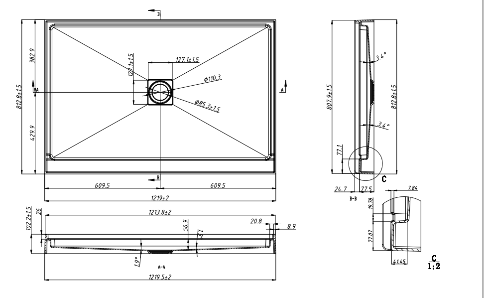 Single Threshold, Center Drain Shower Pan Base #Size_48"L × 32"W × 4"H