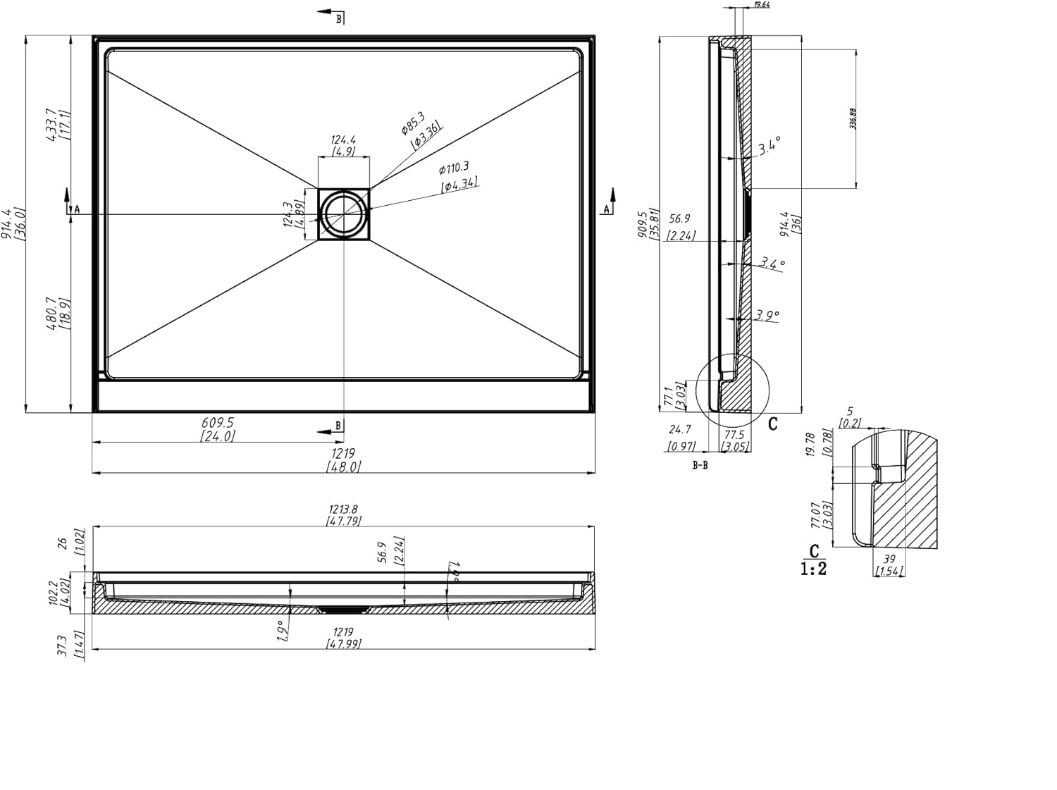 Single Threshold, Center Drain Shower Pan Base #Size_48"L × 36"W × 4"H