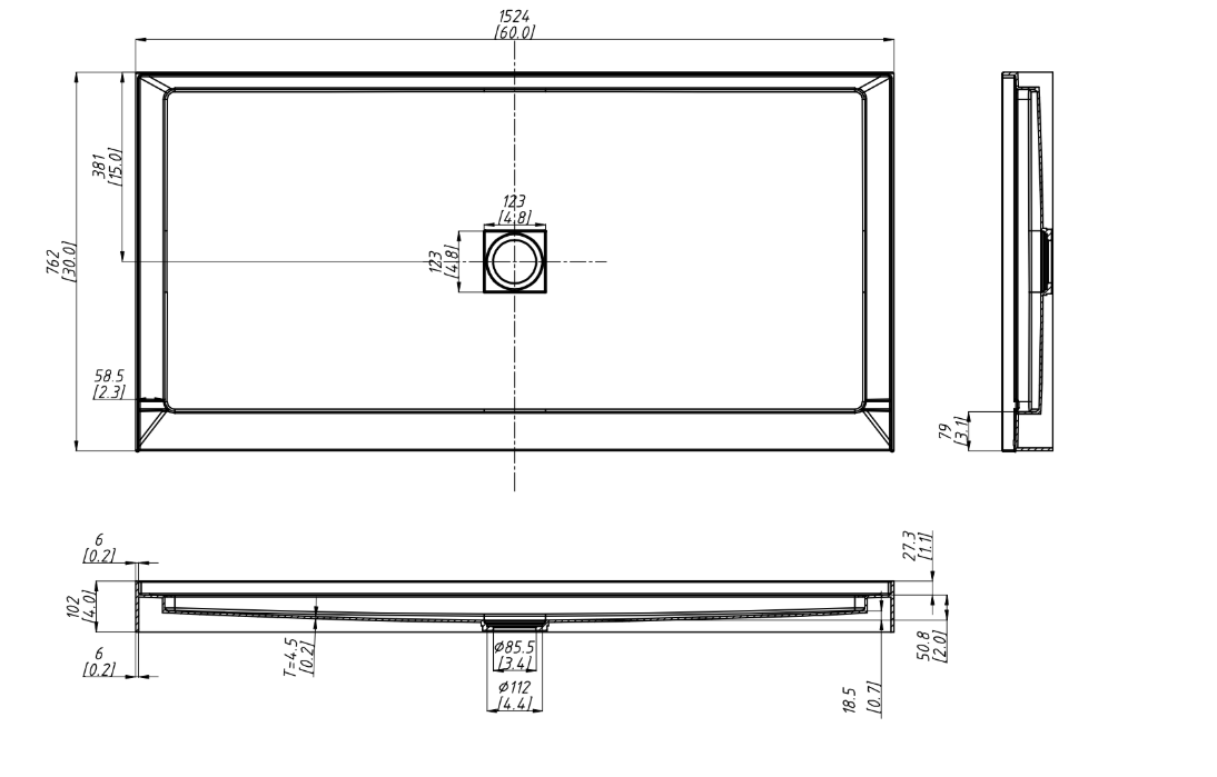 Single Threshold, Center Drain Shower Pan Base #Size_60"L × 30"W × 4"H