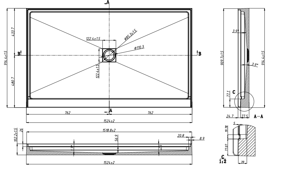 Single Threshold, Center Drain Shower Pan Base #Size_60"L × 36"W × 4"H