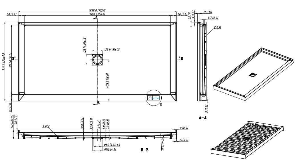 Single Threshold, Center Drain Shower Pan Base #Size_72"L × 36"W × 4"H