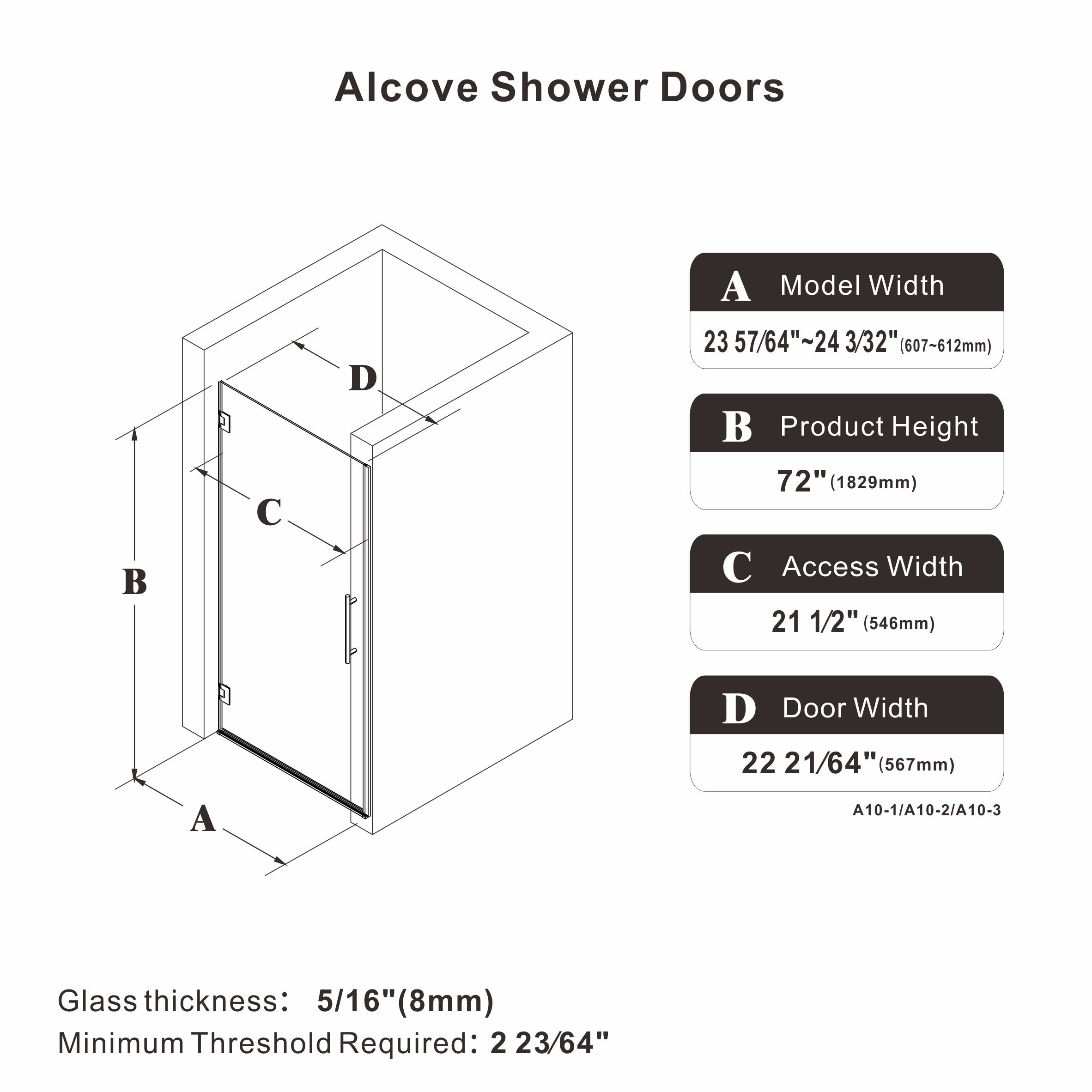24"/28"/30 W x 72" H Frameless Hinged Shower Door with 5/16" (8 mm) Easy-Clean Clear Tempered Glass and Towel Handle #Size_24" x 72"