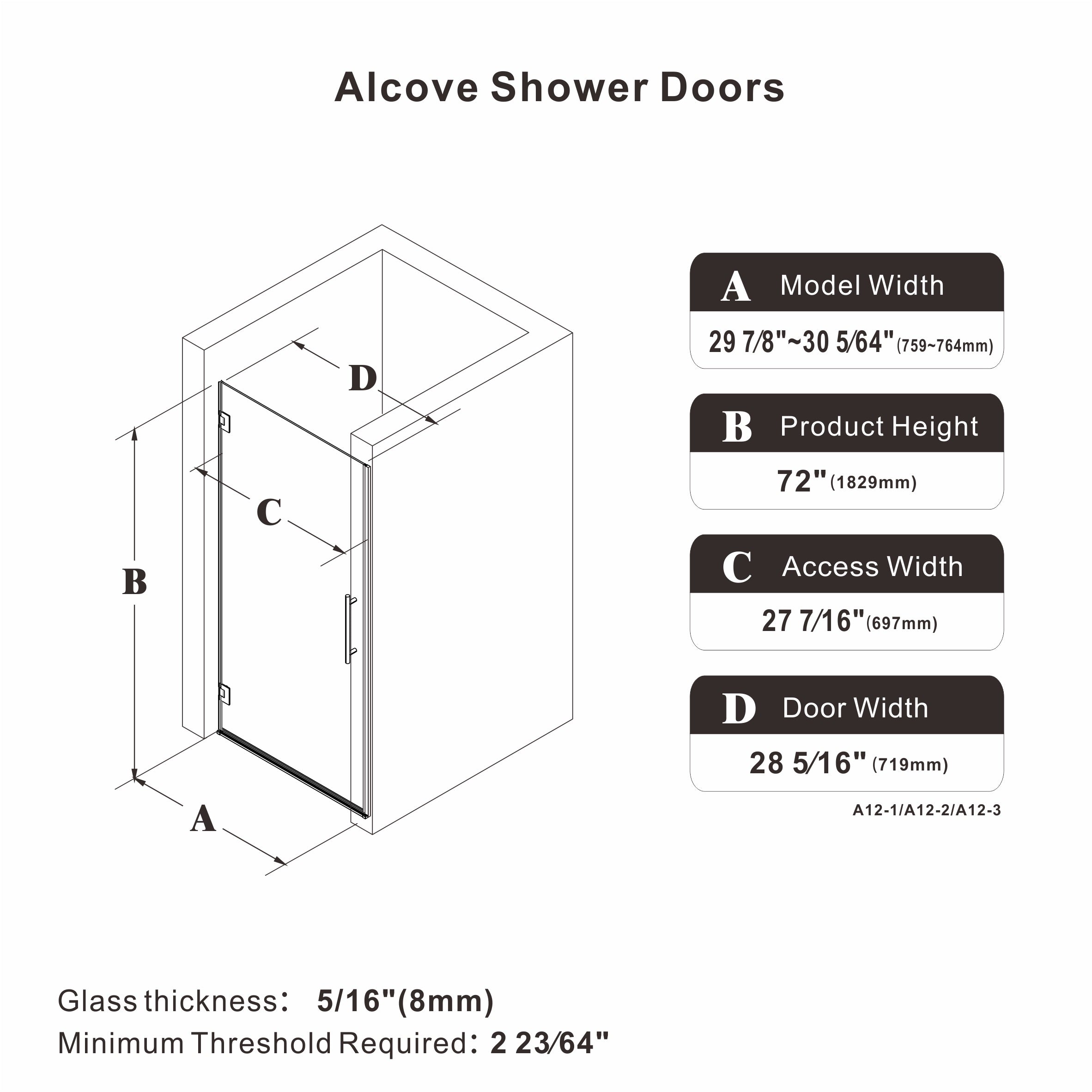24"/28"/30 W x 72" H Frameless Hinged Shower Door with 5/16" (8 mm) Easy-Clean Clear Tempered Glass and Towel Handle #Size_30" x 72"