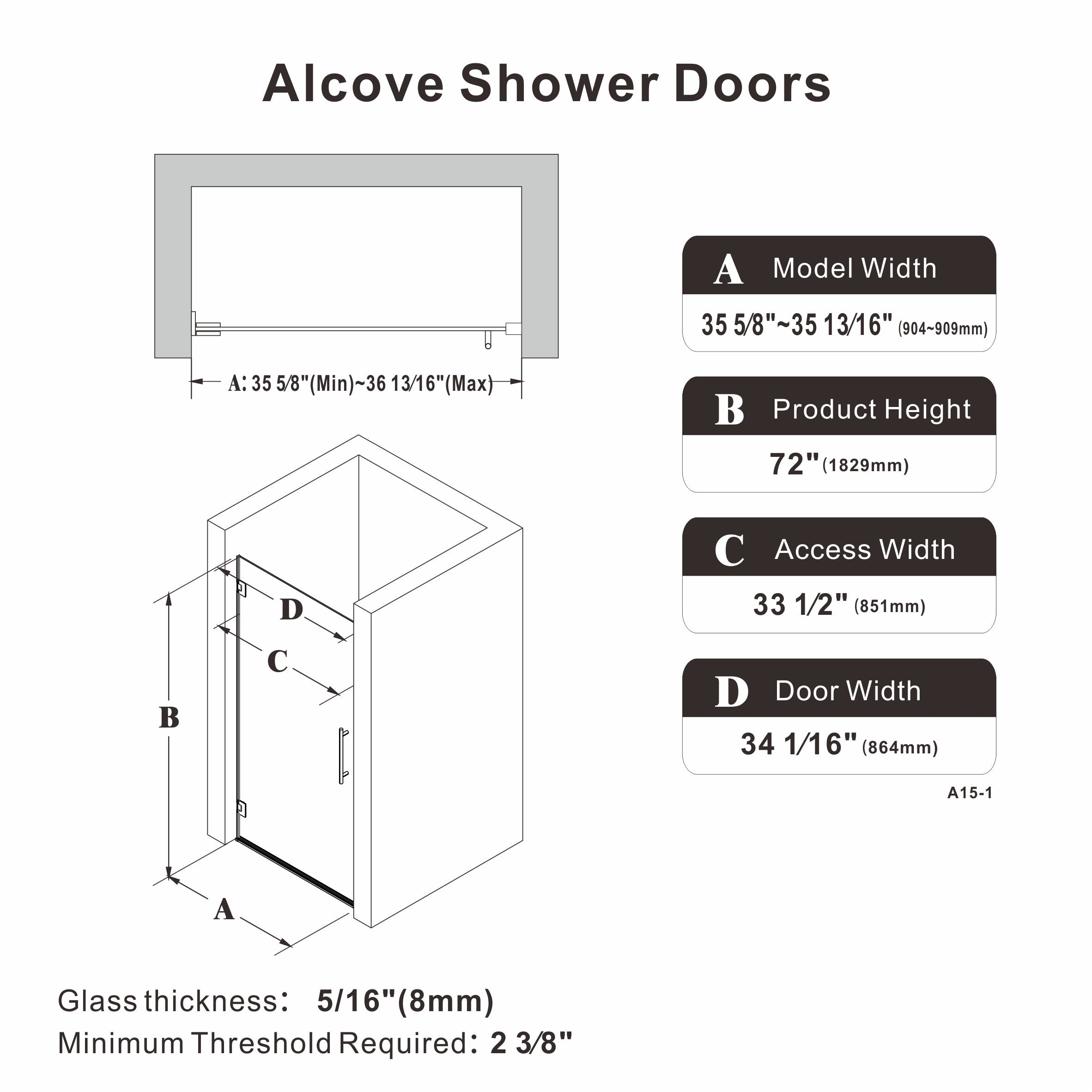 24"/28"/30 W x 72" H Frameless Hinged Shower Door with 5/16" (8 mm) Easy-Clean Clear Tempered Glass and Towel Handle #Size_35.6" - 35.8" W x 72" H
