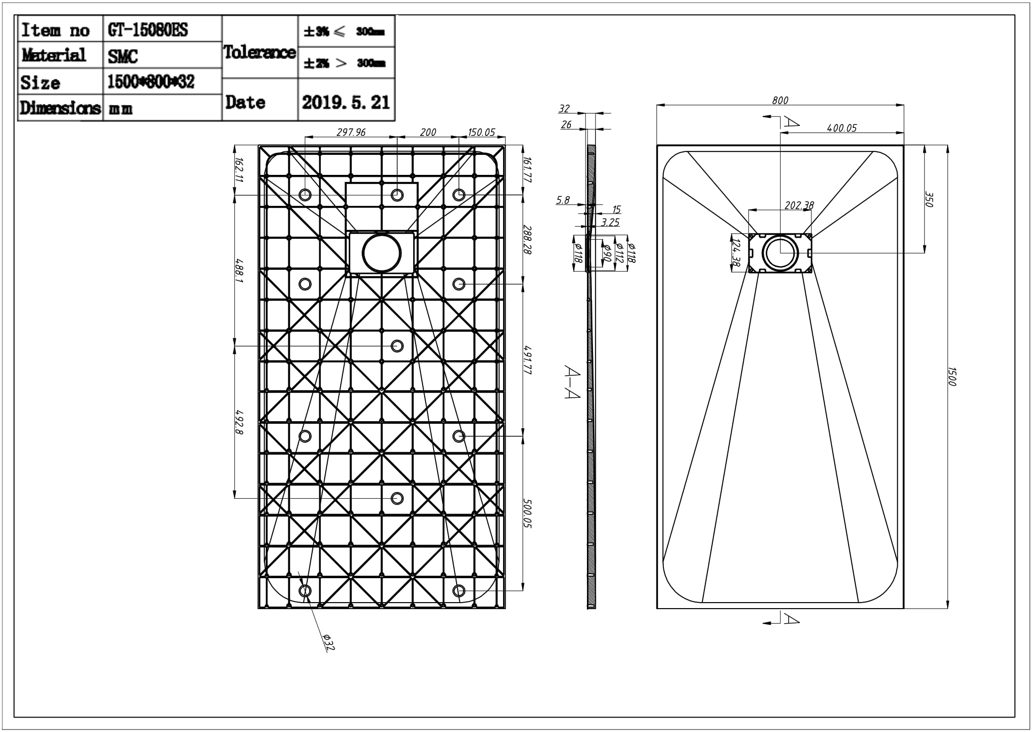 60" L x 32" W / 36‘’ W x 1"H Low-Profile Zero Threshold End Drain White Shower Base #Color_Matte Black