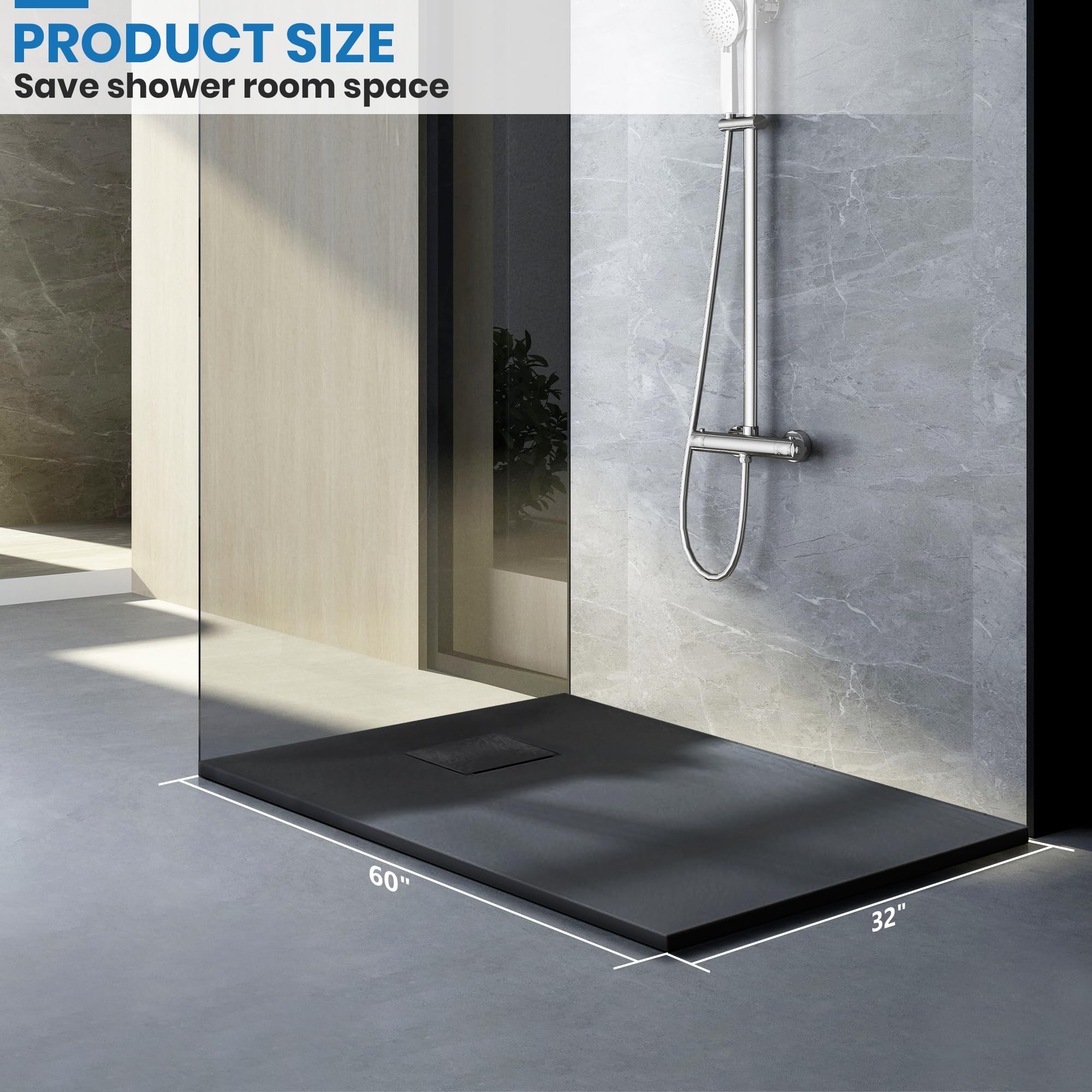 60" L x 32" W / 36‘’ W x 1"H Low-Profile Zero Threshold End Drain White Shower Base #Color_Matte Black