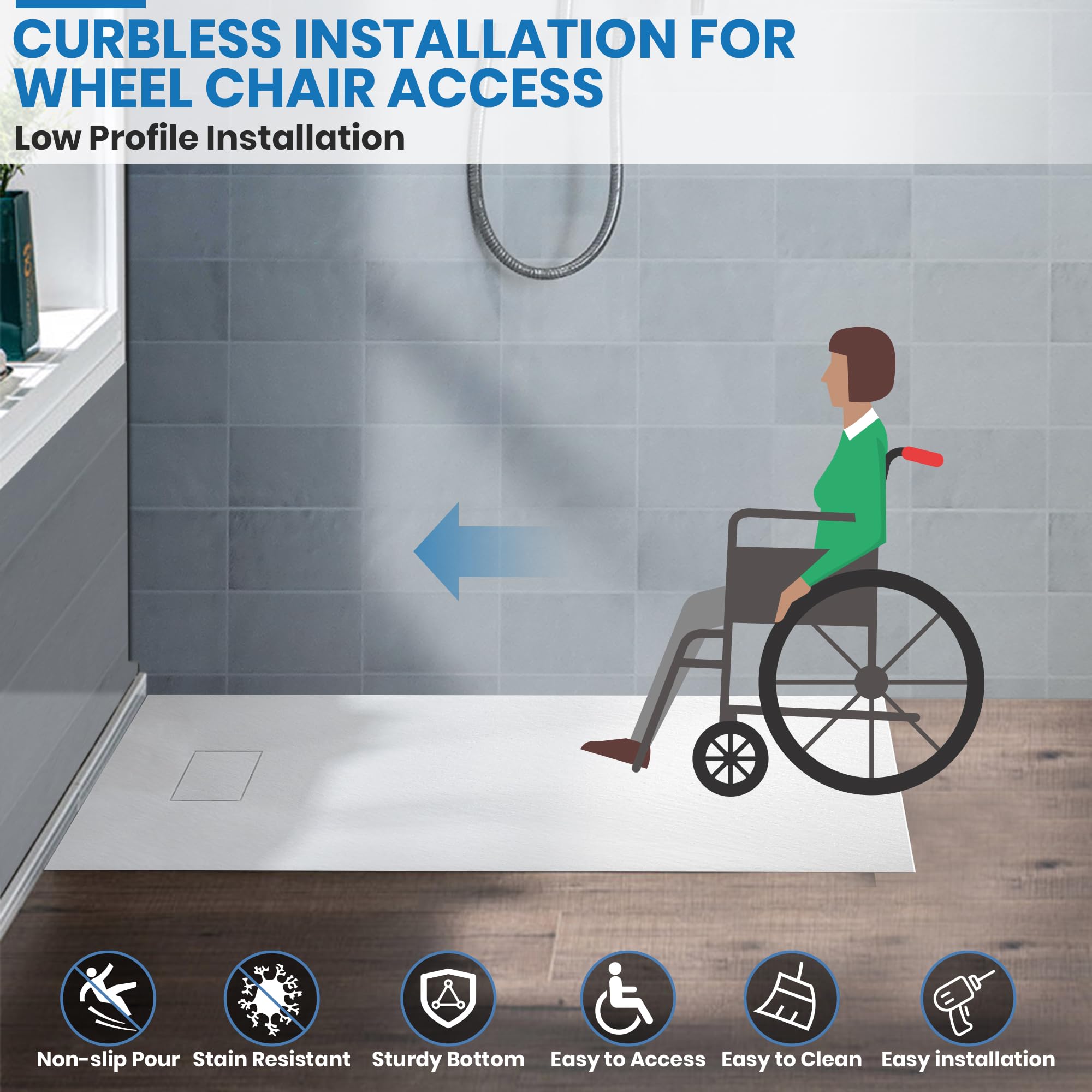60" L x 32" W / 36‘’ W x 1"H Low-Profile Zero Threshold End Drain White Shower Base #Color_White
