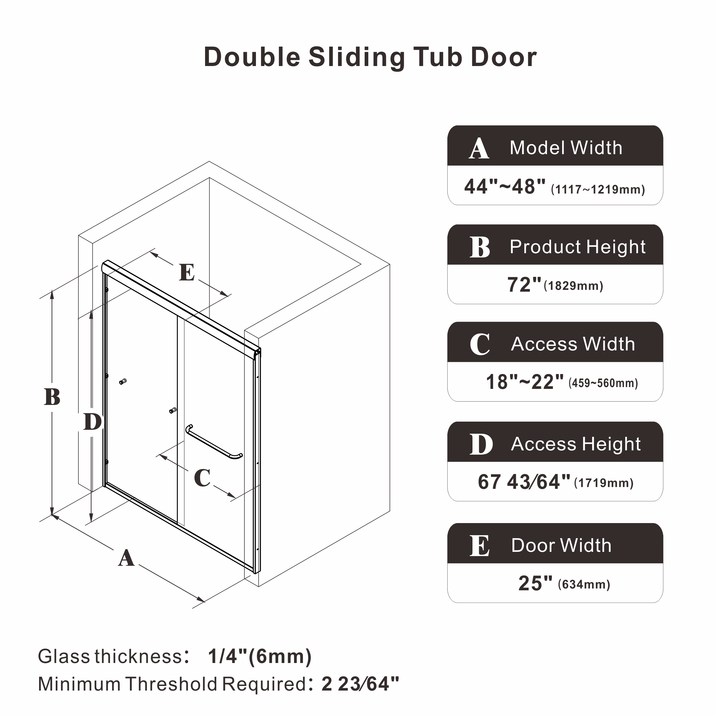 48"/60" W x 72"/76" H Framed Double Sliding Door with 1/4" (6 mm) Clear Tempered Nano Coating Glass and Towel Bar #Size_44"-48" W x 72" H