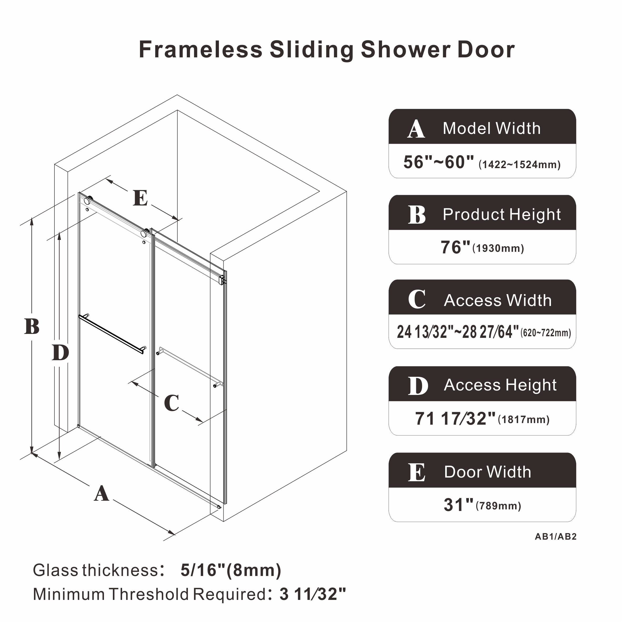 60" W x 76" H Semi-Frameless Double Sliding Bypass Shower Door with 5/16" (8 mm) Easy-Clean Tempered Glass and Towel Bar #Size_60" W x 76" H