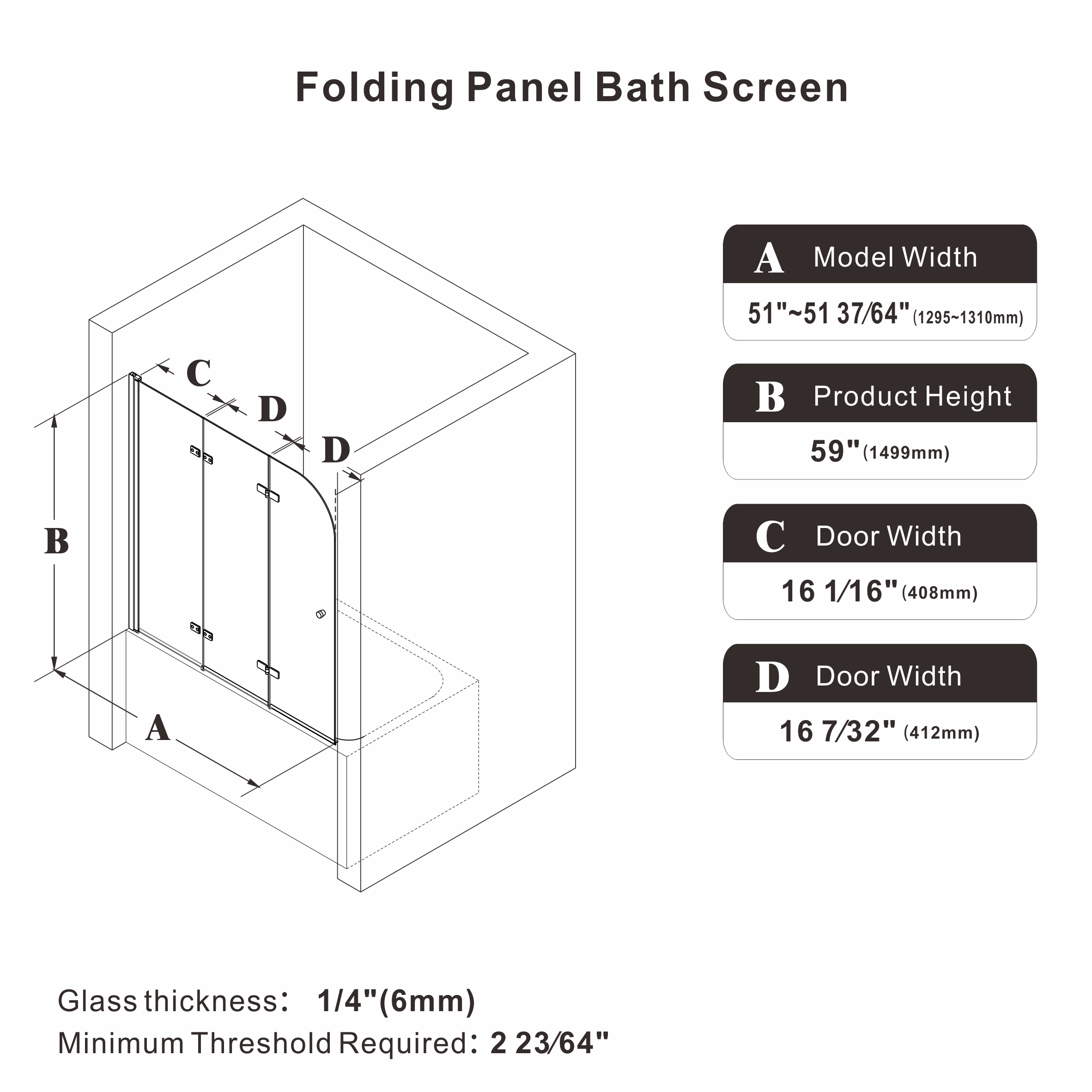 51"-51.6" W x 59" H Frameless Hinged 3-Panel Tri-Fold Bathtub Door with 1/4" (6 mm) Clear Glass, 180° Pivoting and Full Fold