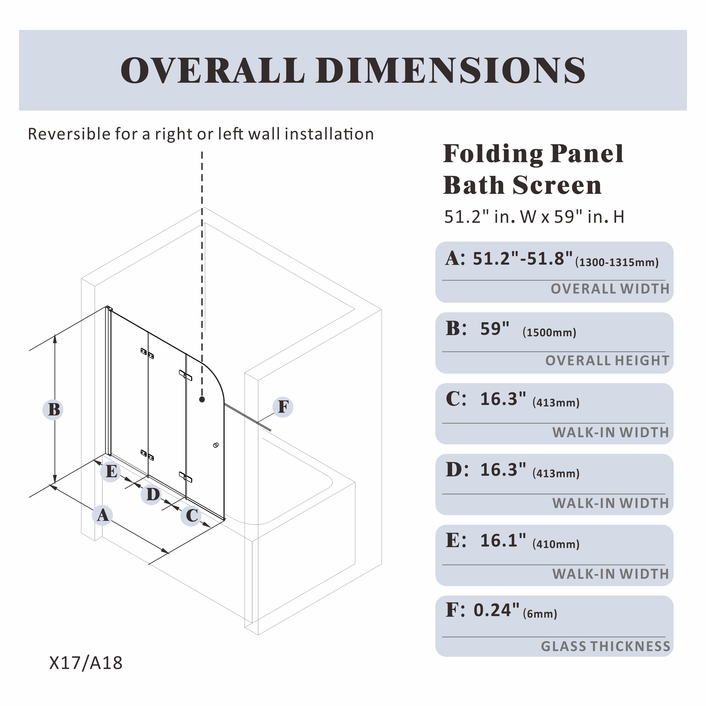 51.2"-51.8" W x 59" H Semi-Frameless Hinged Bi-Fold Bathtub Door Misty X17 #Color_Matte Black