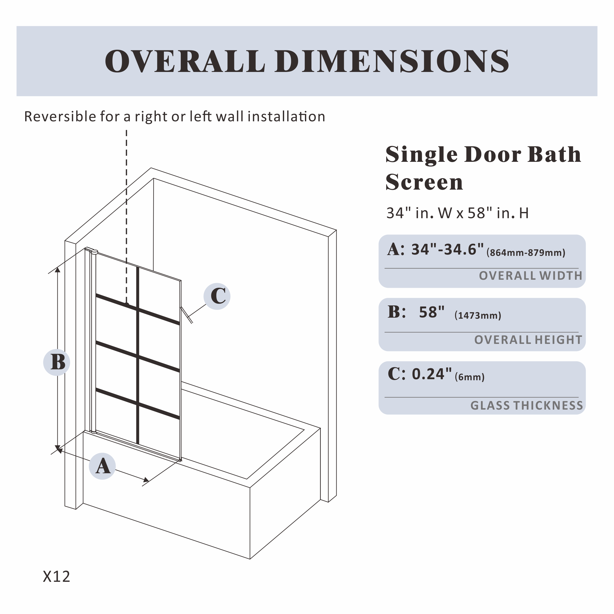 Bathtub Screen|Gridline X12 - Bathtub Screen - AquivaCoast - Bathtub Screen - Hinged -