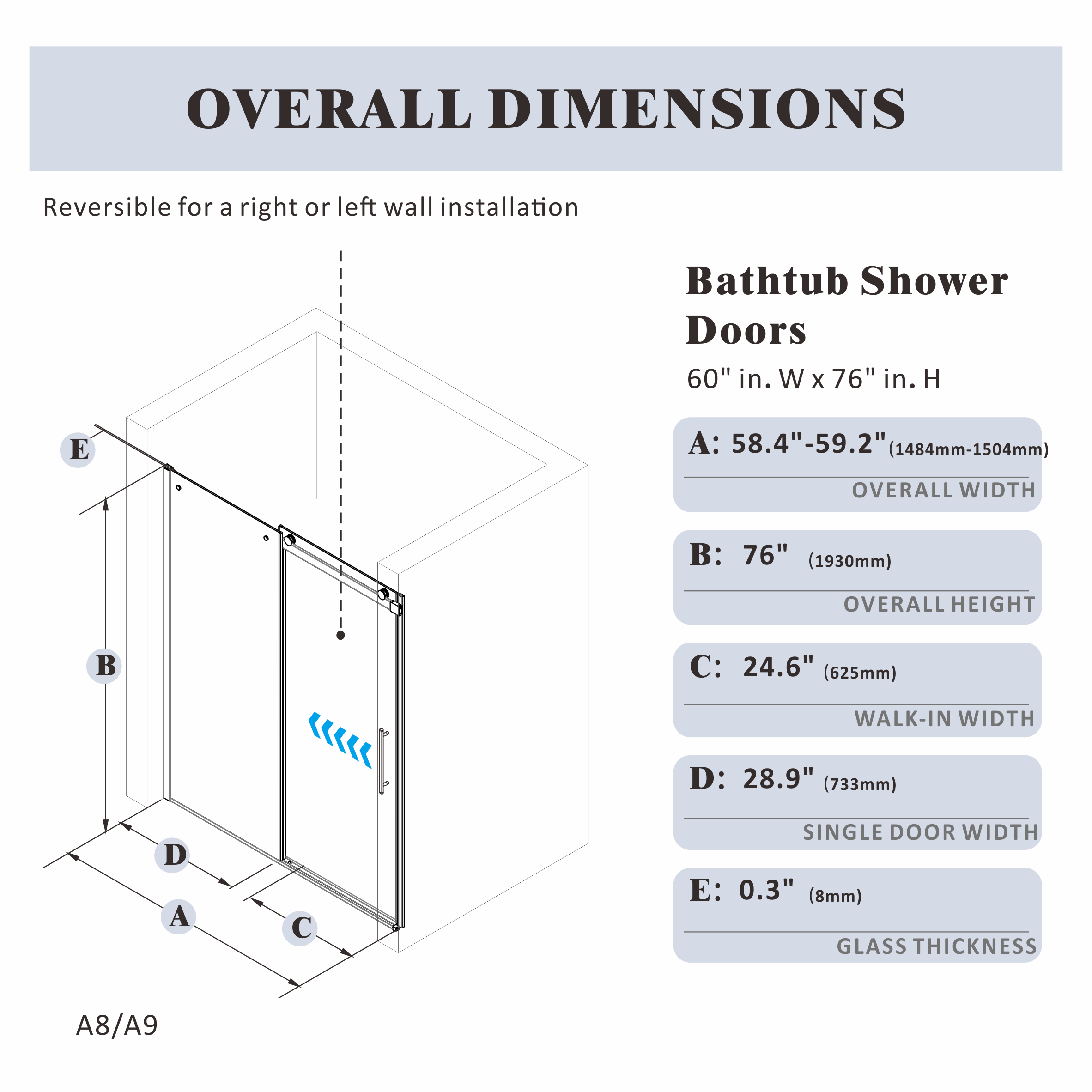 58"-59" W x 76" H Semi-Frameless Single Sliding Shower Door Roller A9-A8