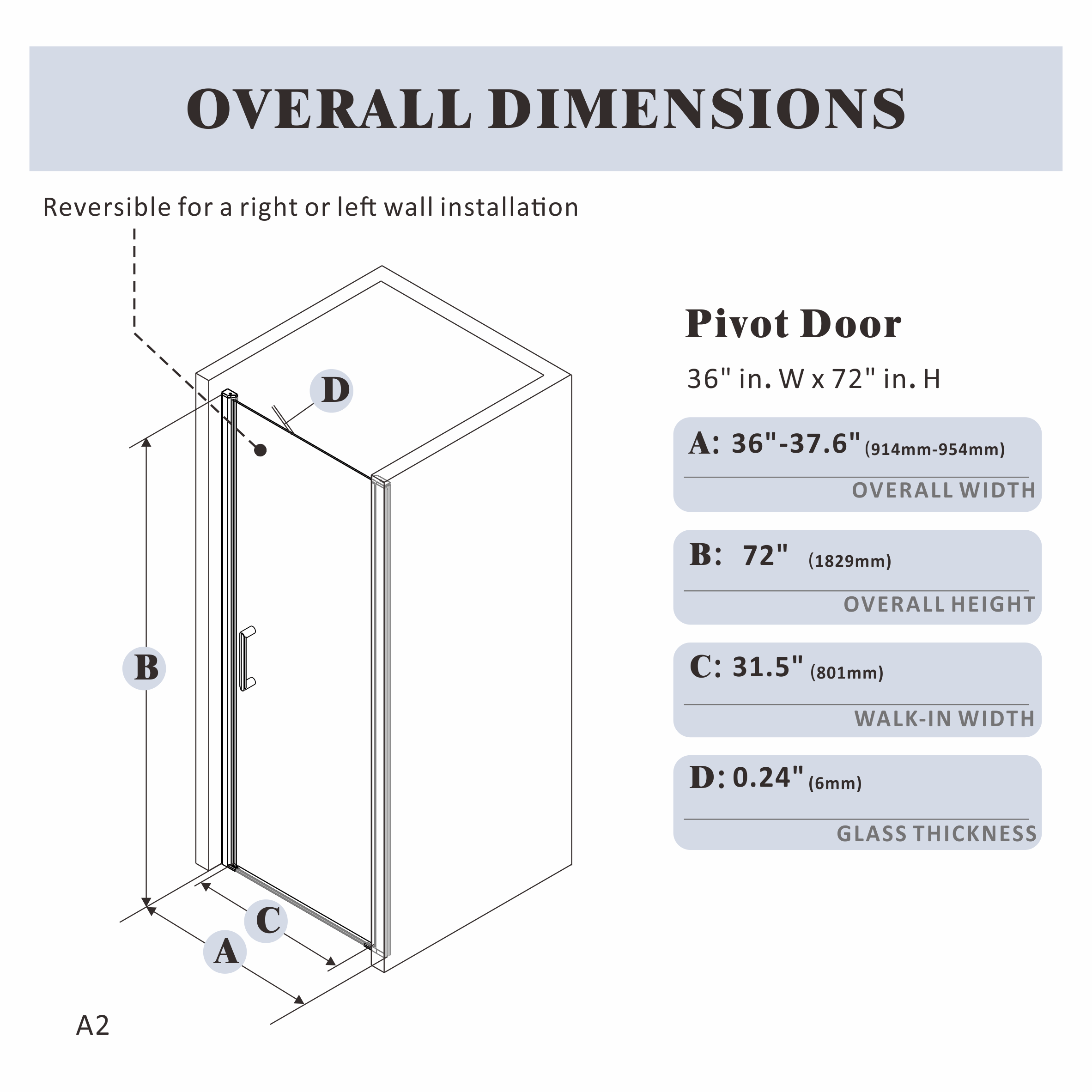 28" - 36" x 72" Pivot Shower Door with 1/4" (6mm) Clear Tempered Glass and 180° Pivoting, Brushed Nickel - Shower Door - AquivaCoast Showers #Size_36" x 72"