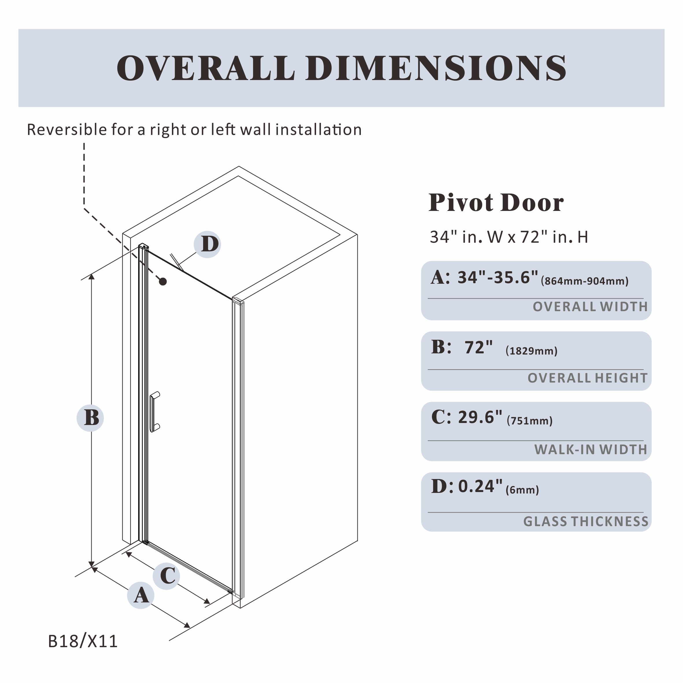 28" - 36" x 72" Pivot Shower Door with 1/4" (6mm) Clear Tempered Glass and 180° Pivoting, Brushed Nickel - Shower Door - AquivaCoast Showers #Size_34" x 72"