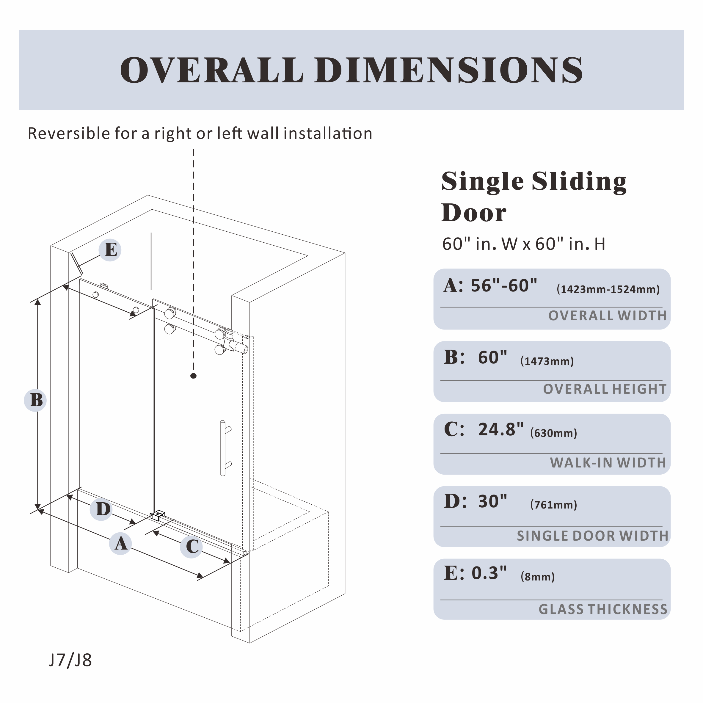 56"-60" x 58" Frameless Single Sliding Tub Door Roller J7 #Color_Matte Black