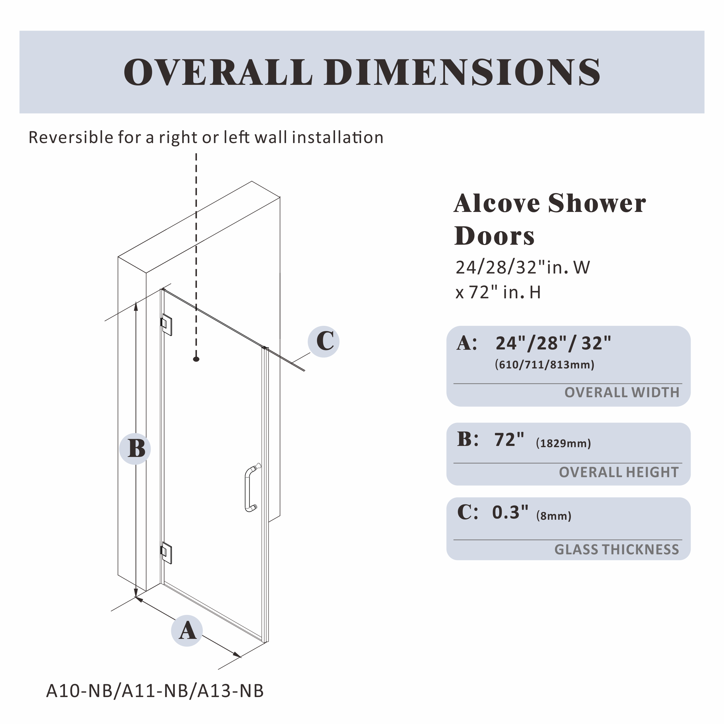 Shower Door|Aurora A10 - NB - Shower Door - AquivaCoast Showers - 5/16 inch glass - Clear - Frameless