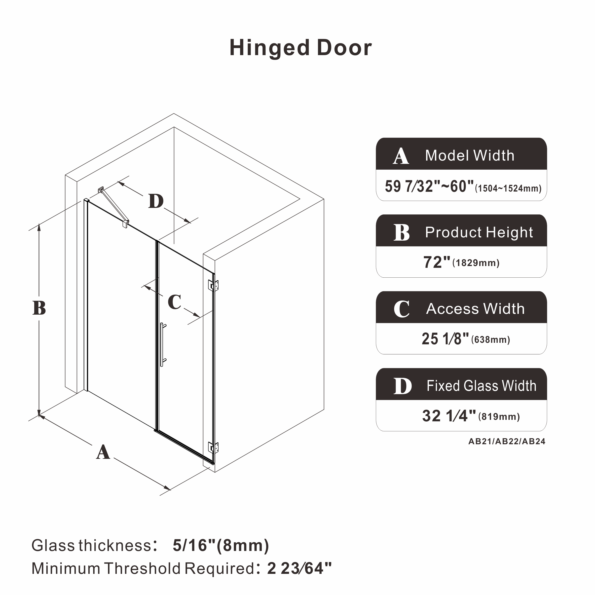 52" / 60" W x 72" / 74" H Frameless Hinged Shower Door with 5/16" (8 mm) Clear Tempered Glass and 180° Pivoting #Size_59.21"-60" W x 72" H