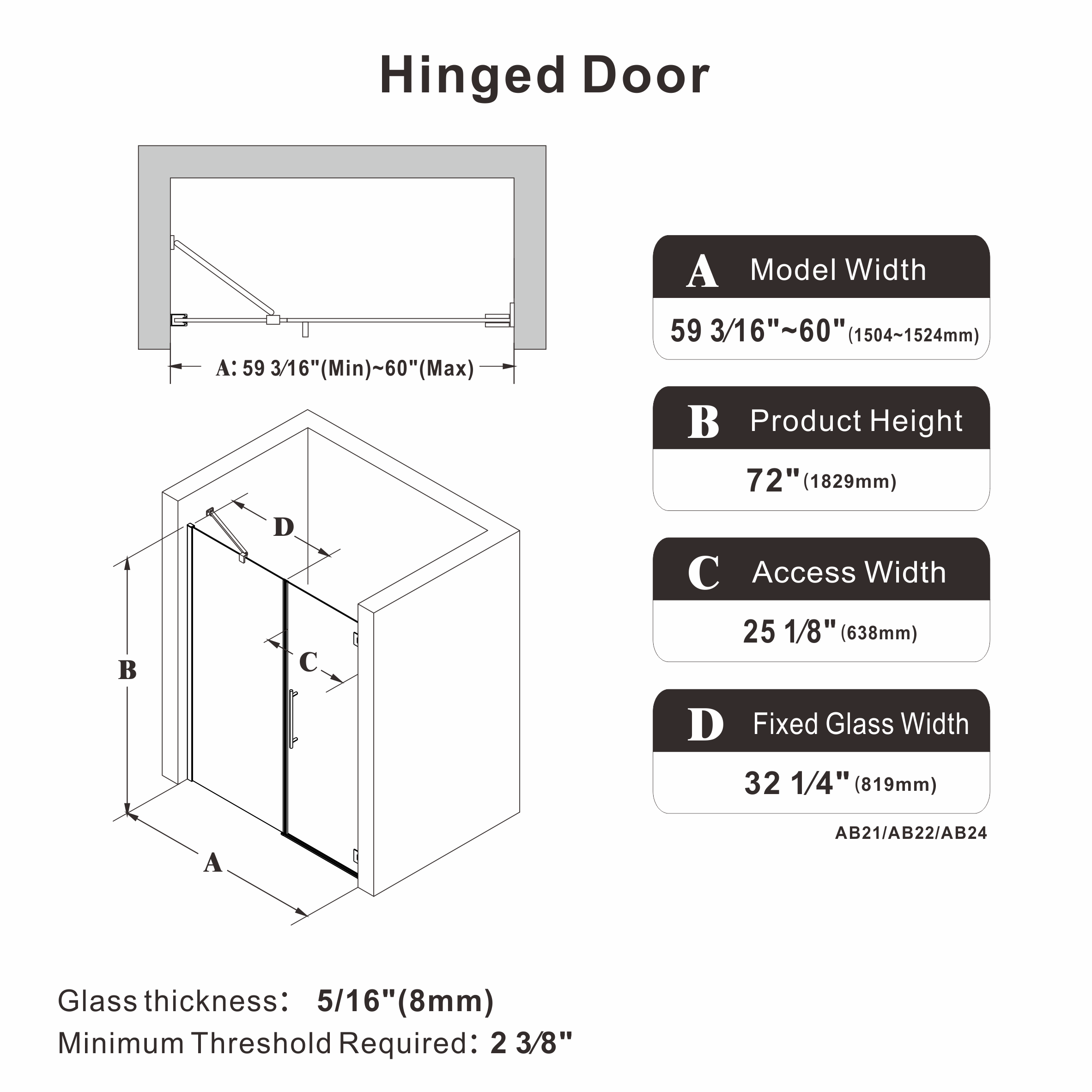 52" / 60" W x 72" / 74" H Frameless Hinged Shower Door with 5/16" (8 mm) Clear Tempered Glass and 180° Pivoting #Size_59.21"-60" W x 72" H