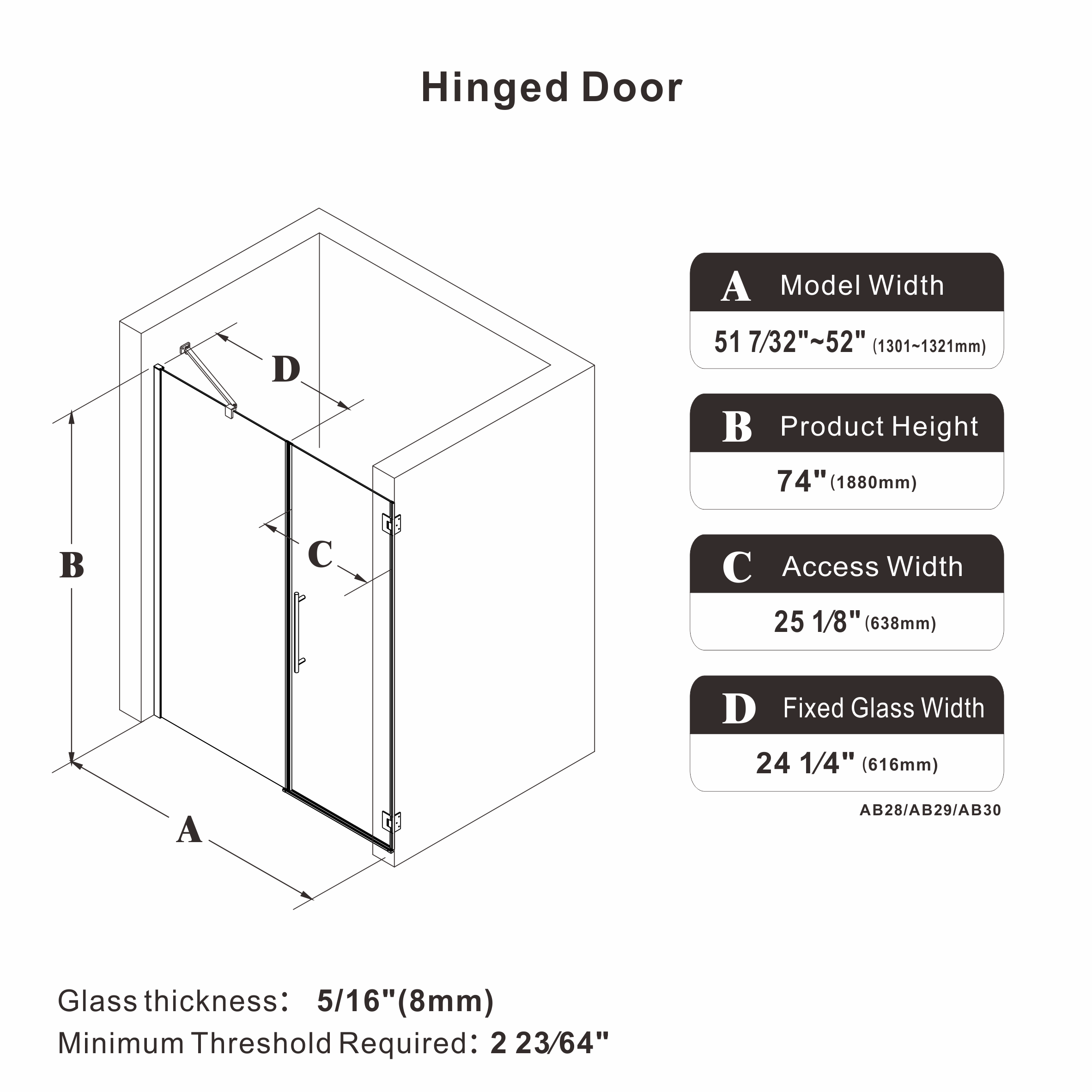 52" / 60" W x 72" / 74" H Frameless Hinged Shower Door with 5/16" (8 mm) Clear Tempered Glass and 180° Pivoting #Size_51.22"-52" W x 74" H