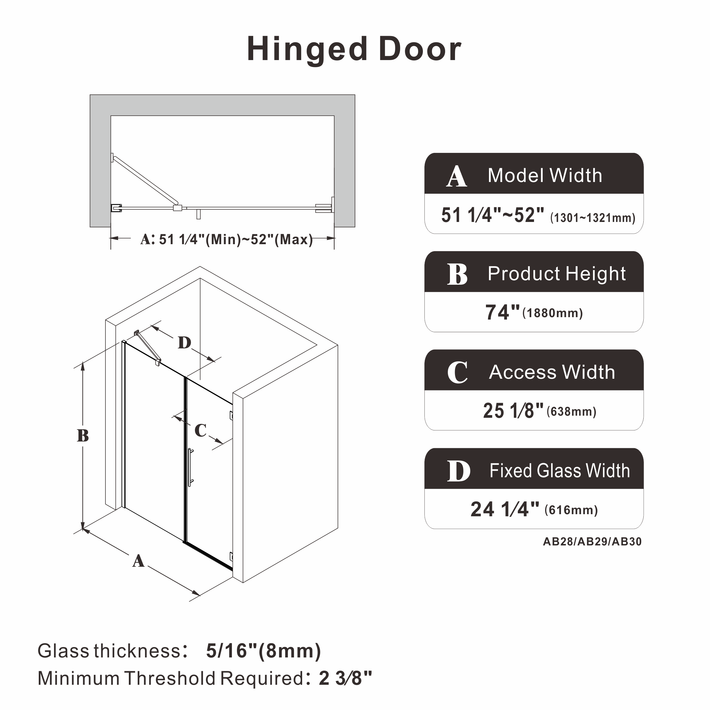 52" / 60" W x 72" / 74" H Frameless Hinged Shower Door with 5/16" (8 mm) Clear Tempered Glass and 180° Pivoting #Size_51.22"-52" W x 74" H