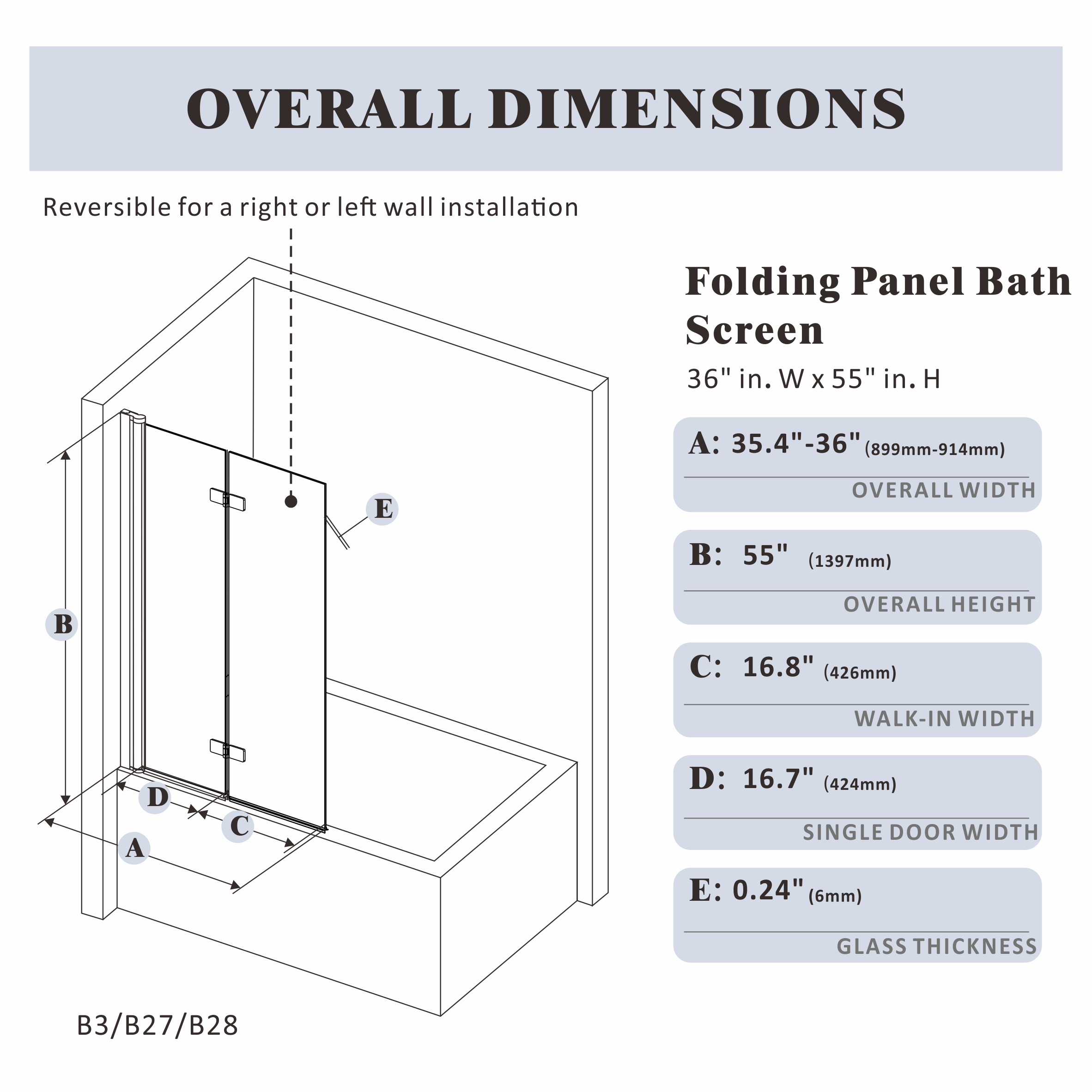 Bathtub Door|Serene B3 - Bathtub Door - AquivaCoast - Bathtub Door - Bi - Fold - Clear
