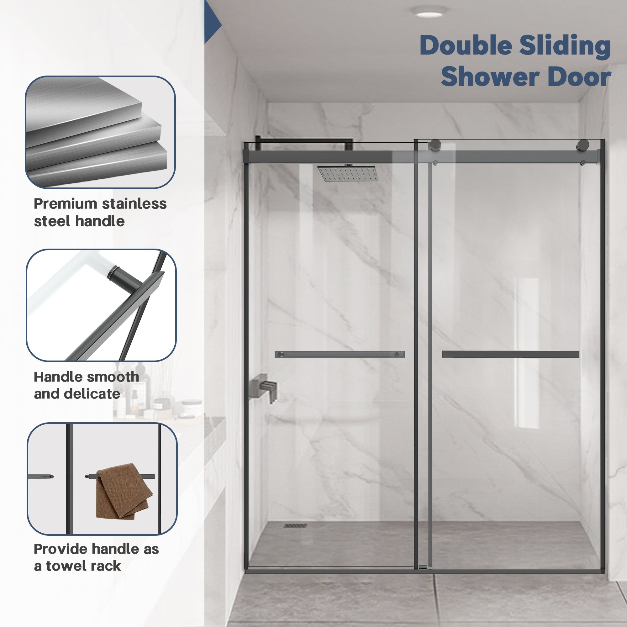 60" W x 74" H Semi-Frameless Double Sliding Bypass Shower Door with 5/16" (8 mm) Easy-Clean Tempered Glass and Towel Bar #Color_Matte Black