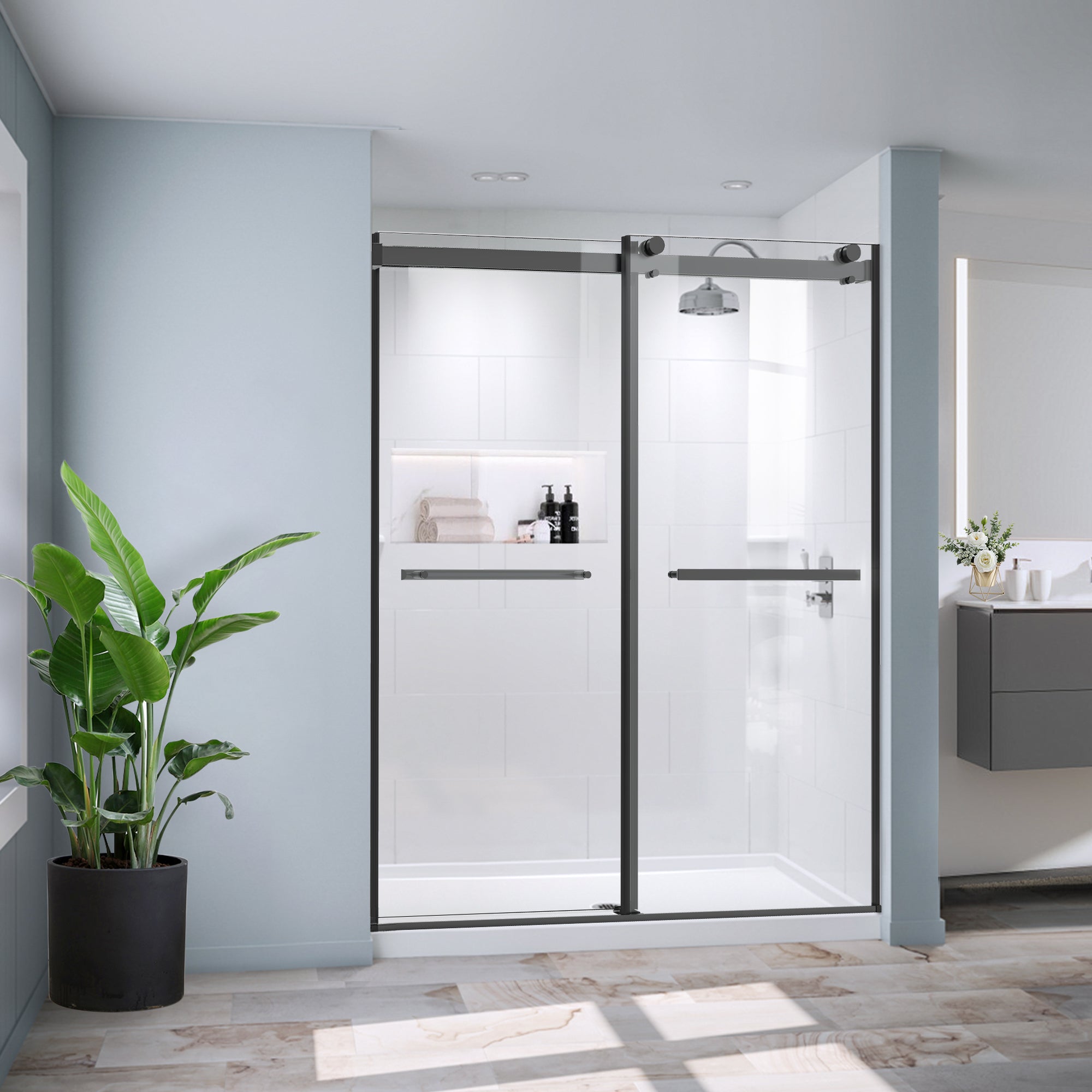 60" W x 74" H Semi-Frameless Double Sliding Bypass Shower Door with 5/16" (8 mm) Easy-Clean Tempered Glass and Towel Bar #Color_Matte Black