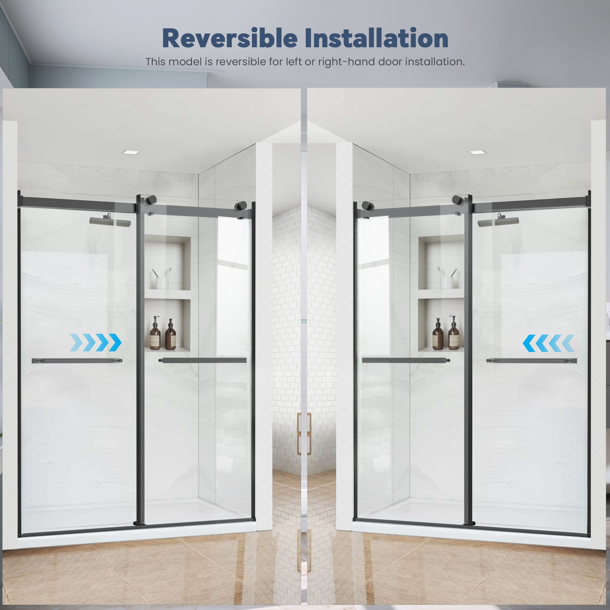 60" W x 74" H Semi-Frameless Double Sliding Bypass Shower Door with 5/16" (8 mm) Easy-Clean Tempered Glass and Towel Bar #Color_Matte Black