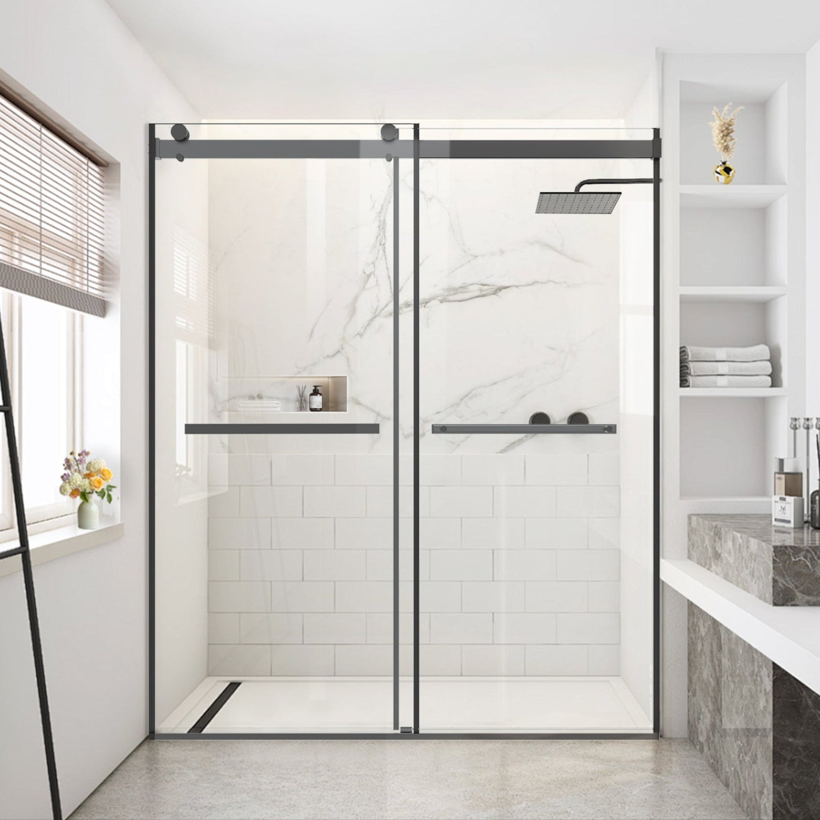 60" W x 74" H Semi-Frameless Double Sliding Bypass Shower Door with 5/16" (8 mm) Easy-Clean Tempered Glass and Towel Bar #Color_Matte Black