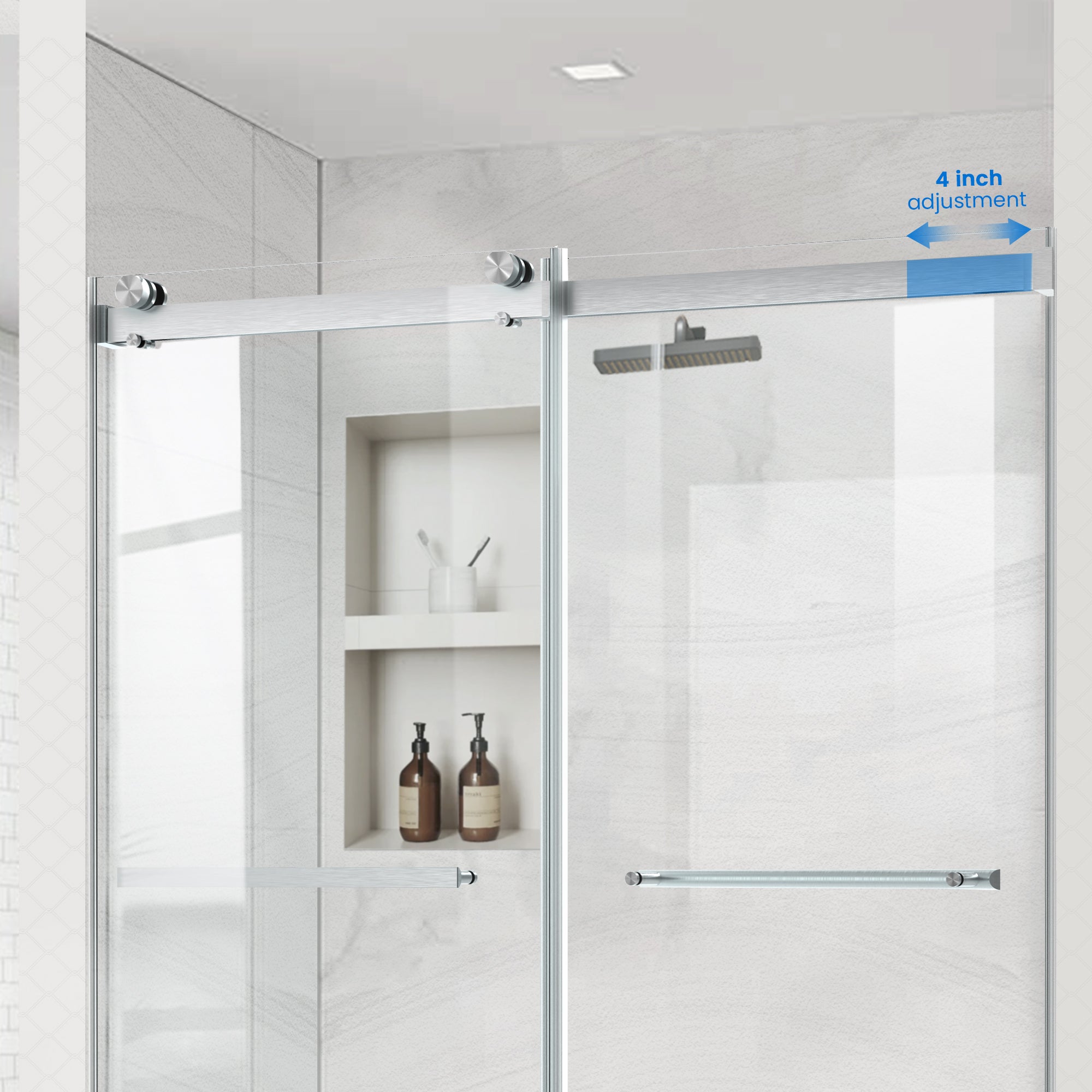 60" W x 74" H Semi-Frameless Double Sliding Bypass Shower Door with 5/16" (8 mm) Easy-Clean Tempered Glass and Towel Bar #Color_Brushed Nickel