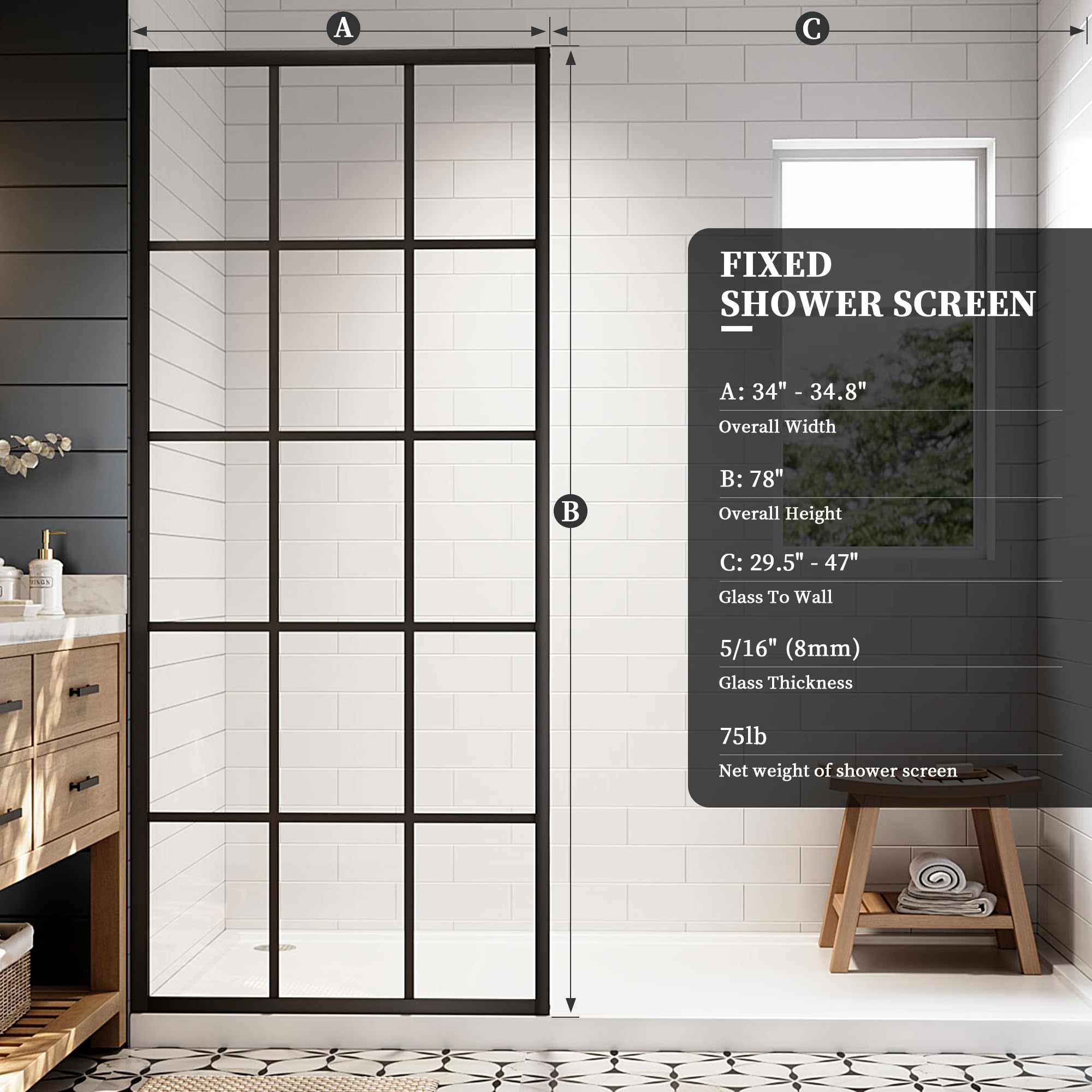 34"/38"/42"/46" x 78" Framed Grid Shower Screen, Matte Black #Size_34" W x 78" H