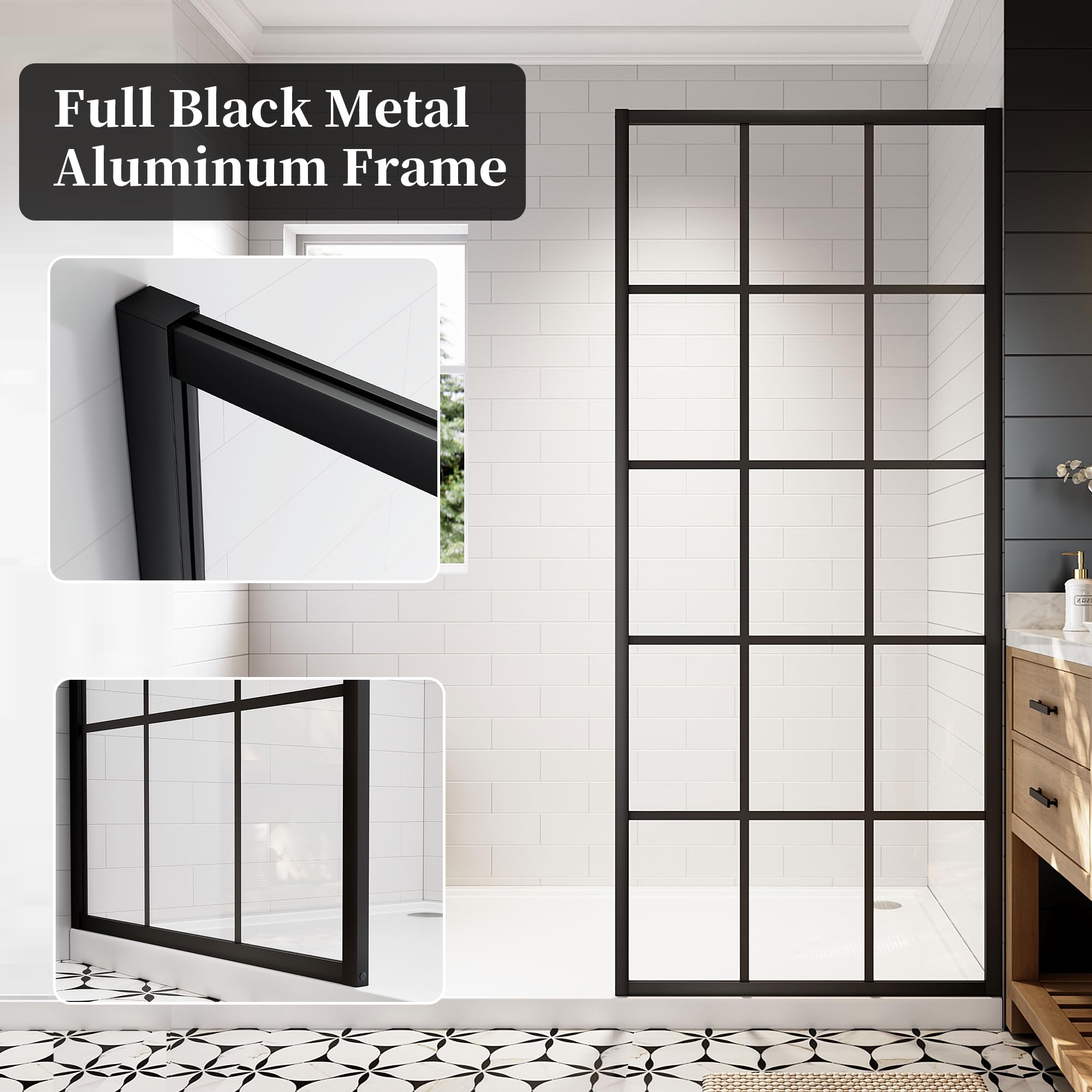 34"/38"/42"/46" x 78" Framed Grid Shower Screen, Matte Black #Size_34" W x 78" H