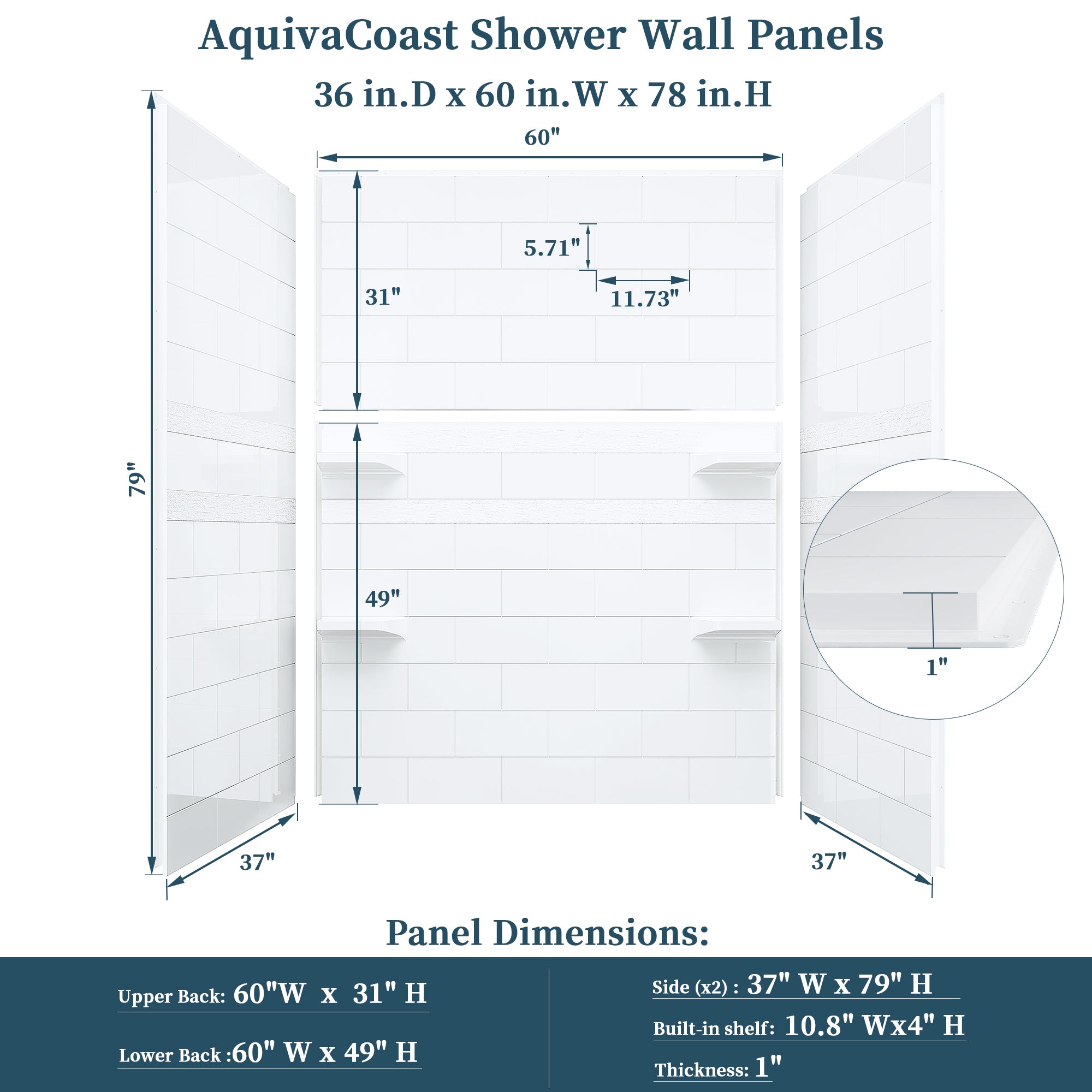 32" / 36" D × 60" W × 78" H Solid Surface Shower Wall Panels Kit, Glossy White Subway Tile, with Shelf #Size_36" × 60" × 78"