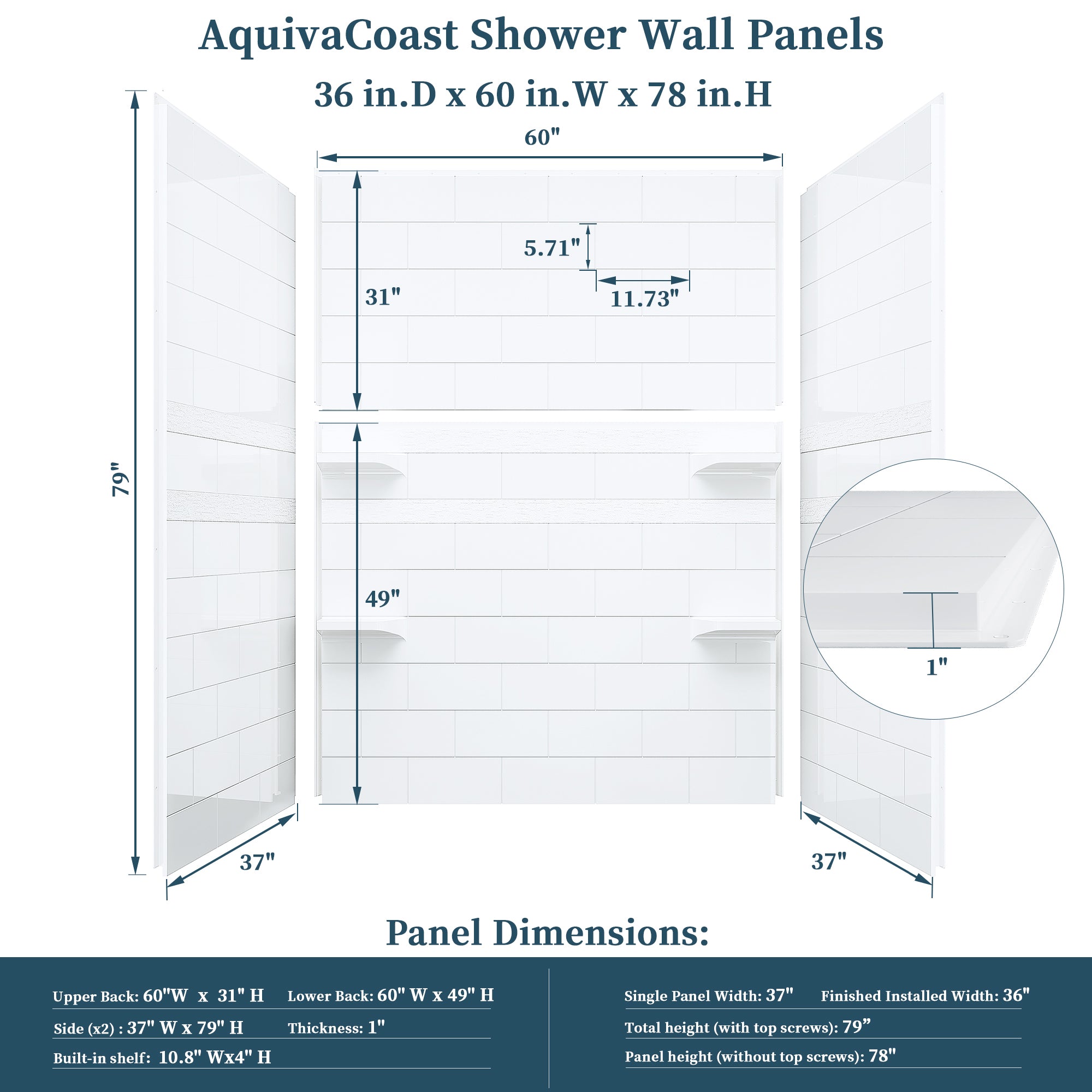 32" / 36" D × 60" W × 78" H Solid Surface Shower Wall Panels Kit, Glossy White Subway Tile, with Shelf #Size_36" × 60" × 78"