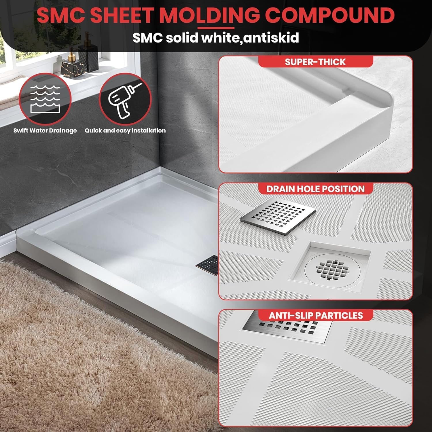 Single Threshold, Center Drain Shower Pan Base